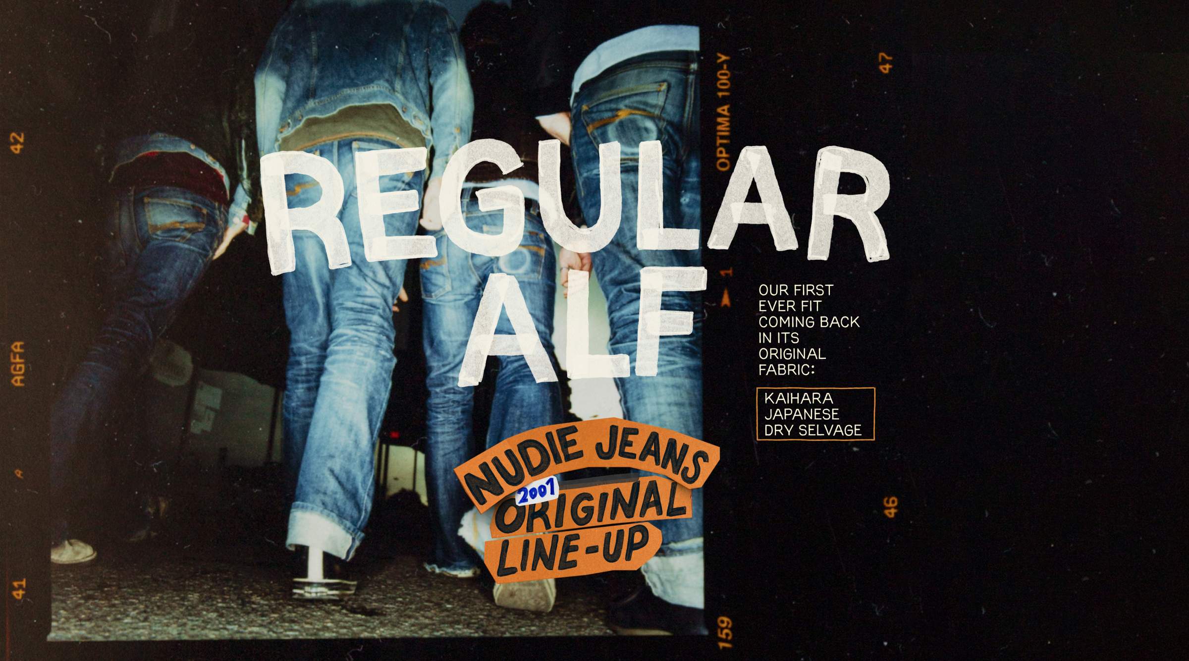 Three people in denim jeans walk away, with text promoting "Regular Alf" jeans by Nudie Jeans, featuring Kaihara Japanese dry selvage.