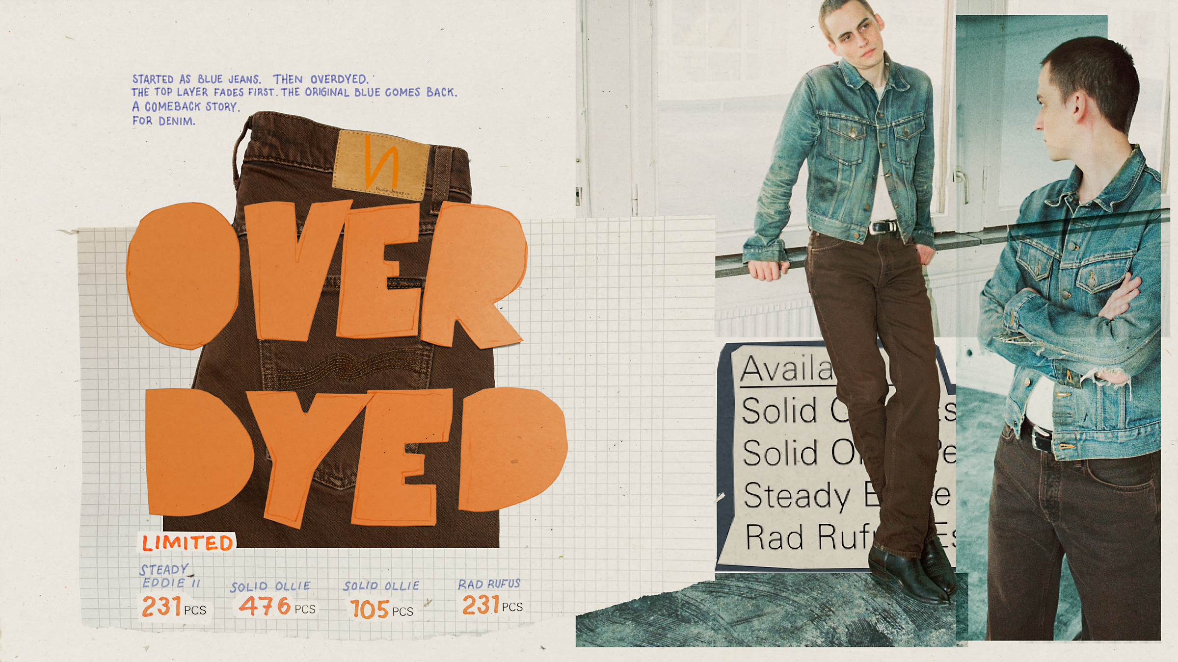 Nudie Jeans Overdyed collection collage with brown overdyed jeans, model in denim jacket, and orange lettering.