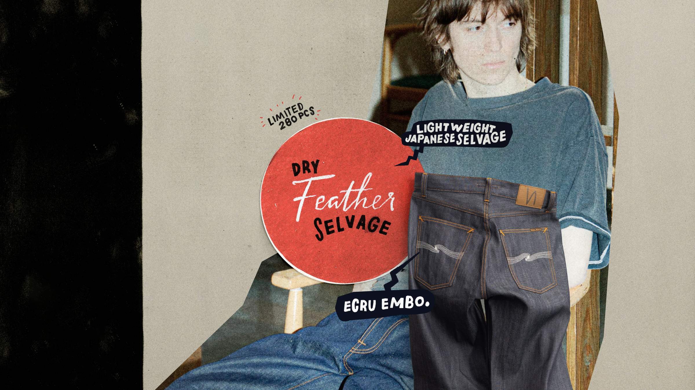 Collage of a person in a blue shirt and Nudie Jeans with a red circle reading "Dry Feather Selvage," highlighting limited edition Japanese selvage jeans.