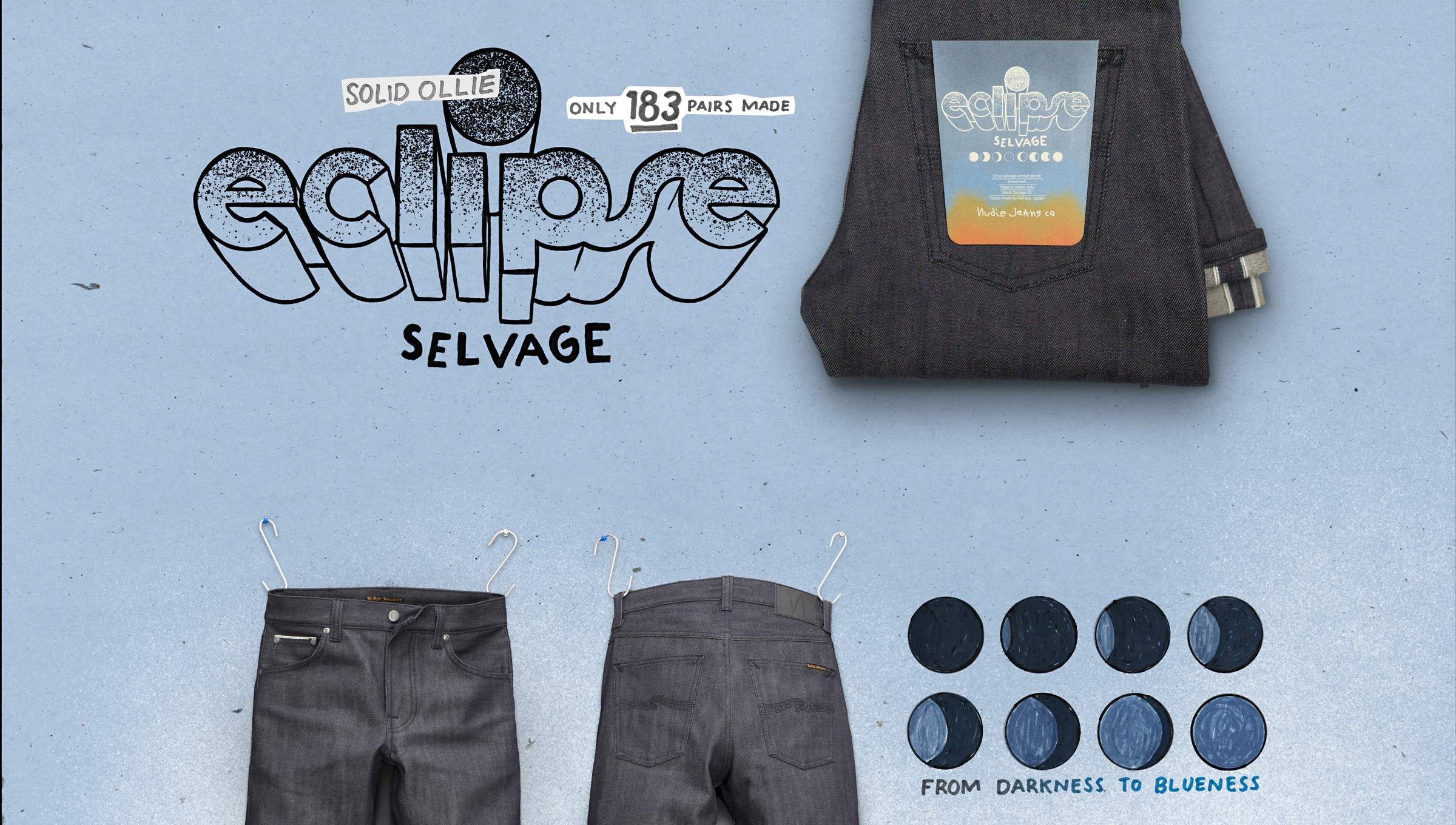 Jeans advertisement featuring folded and hanging jeans, color swatches, and text about "Eclipse Selvage" limited to 183 pairs.