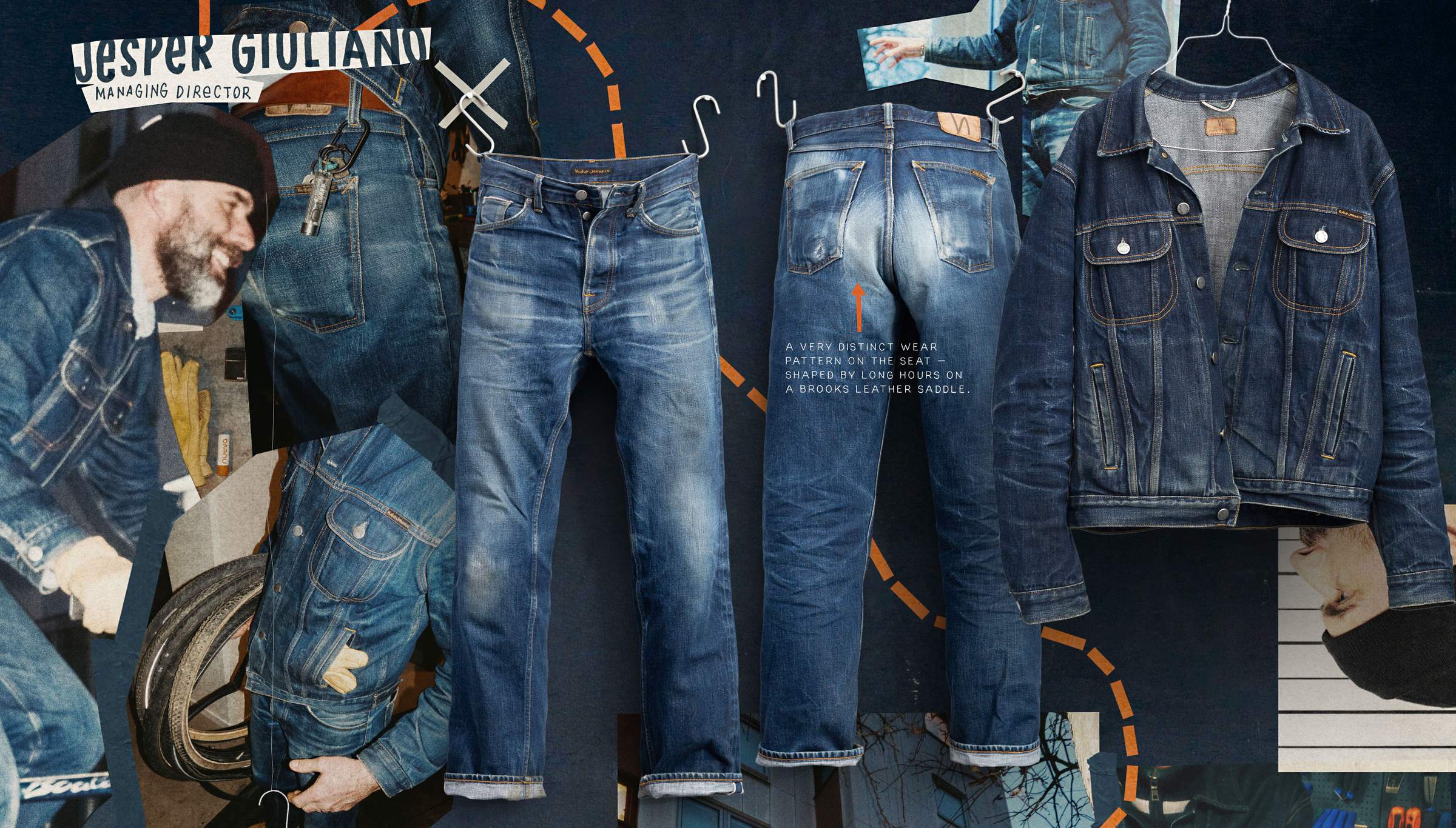 Collage featuring vintage jeans, a denim jacket, and a rugged theme, with text explaining the origin of wear patterns on the jeans.