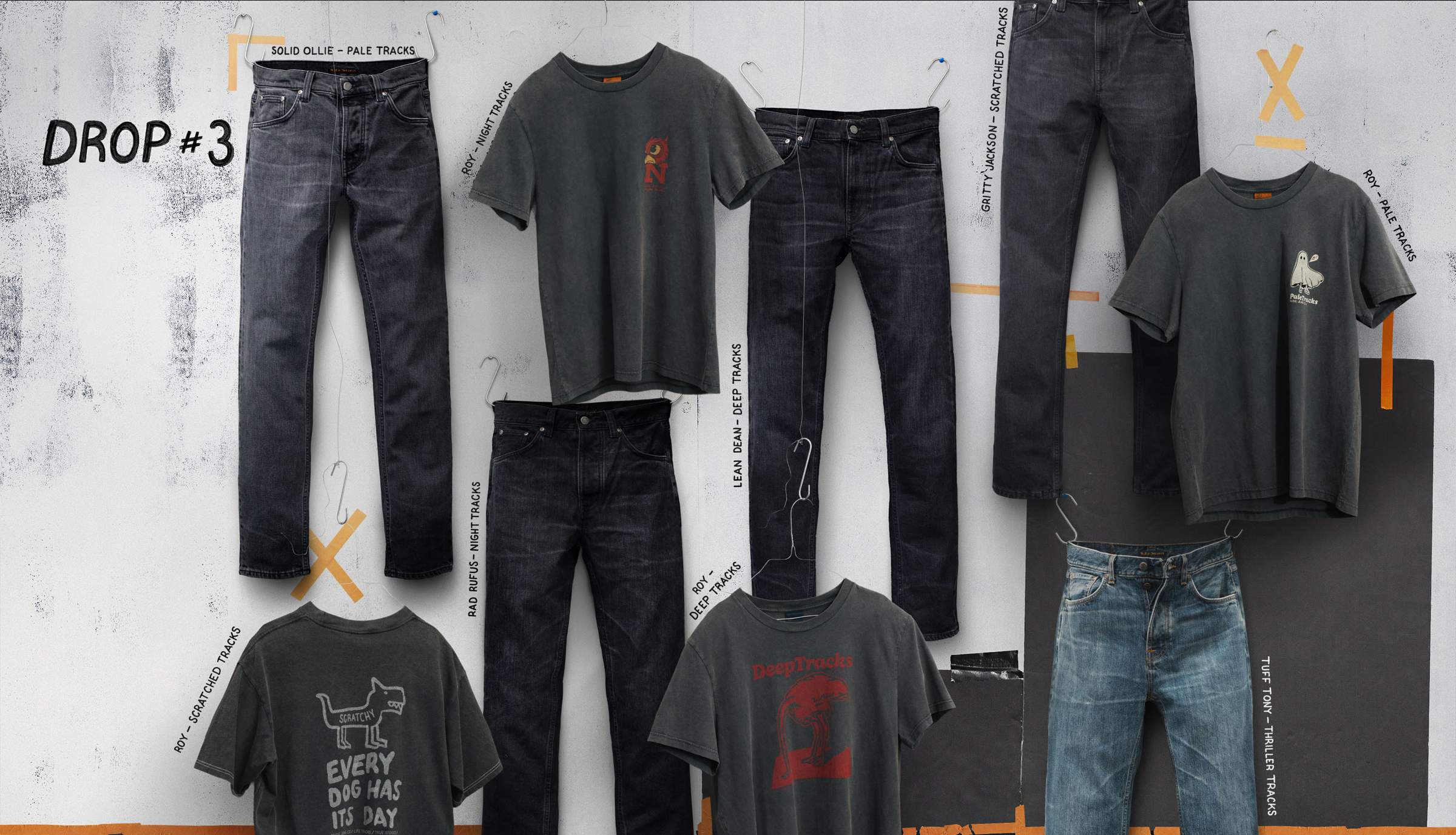 Nudie Jeans Life Tracks Drop #3 collage of dark wash jeans and faded graphic t-shirts on hangers.