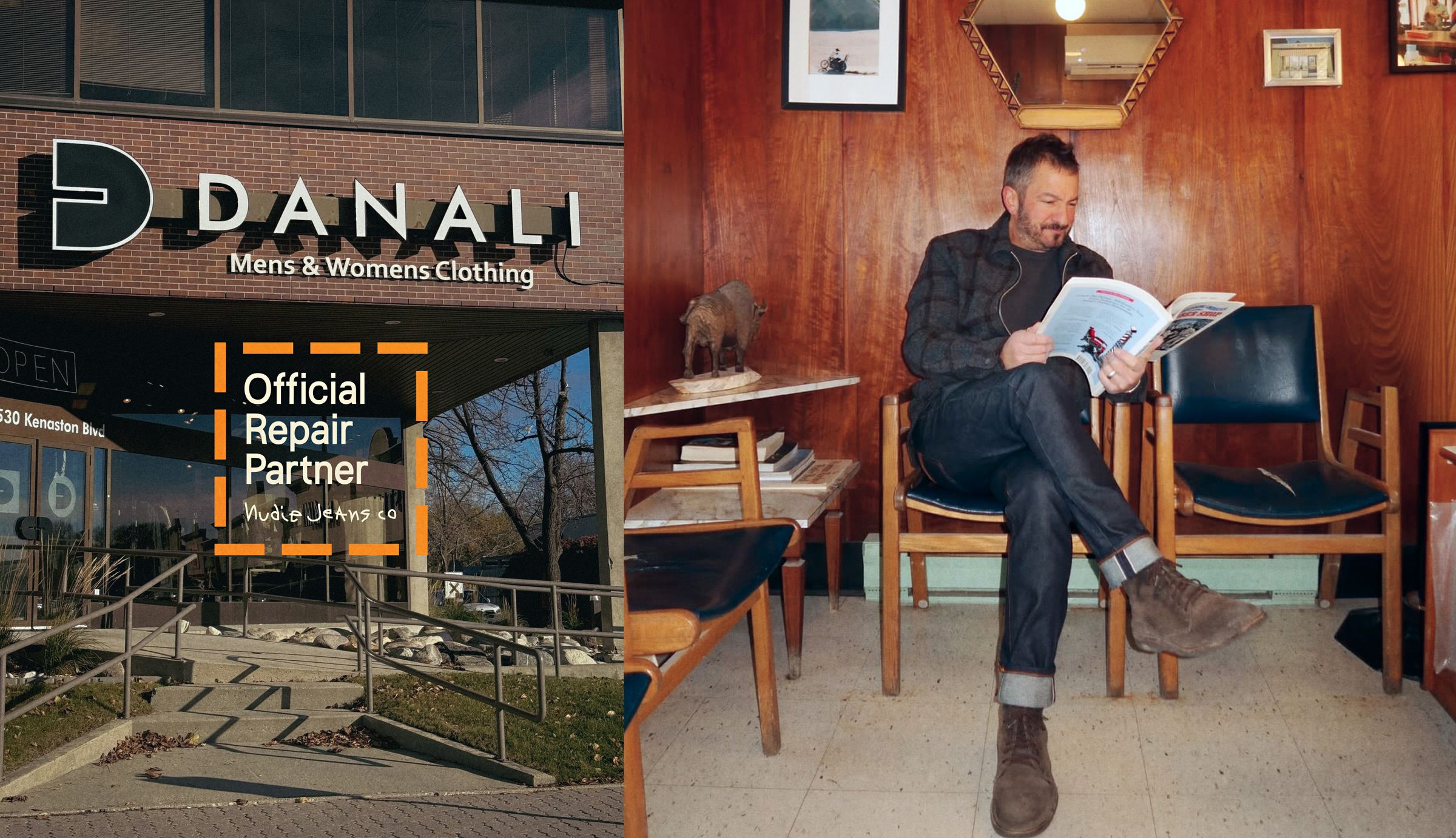 Storefront of Danali, a clothing shop, and a man sitting indoors reading a magazine in a vintage-styled room.