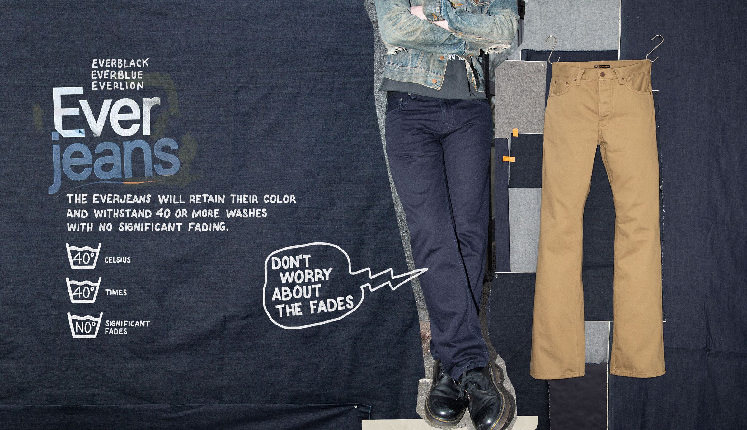 Two pairs of Ever Jeans on a textured background with promotional text emphasizing durability and fade resistance.