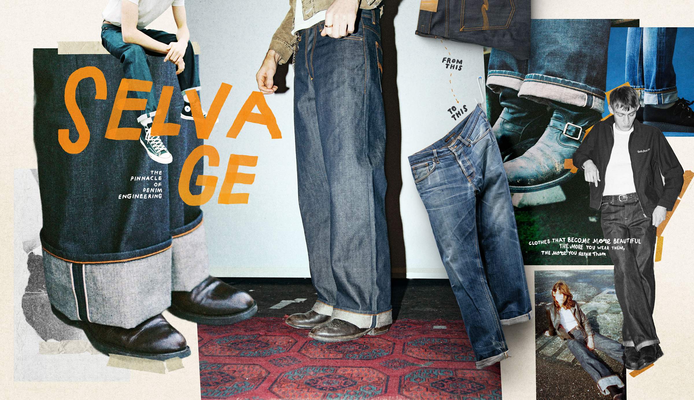 Nudie Jeans selvage denim collage showing cuffed raw jeans, worn-in pairs, and boots. "The Pinnacle of Denim Engineering."