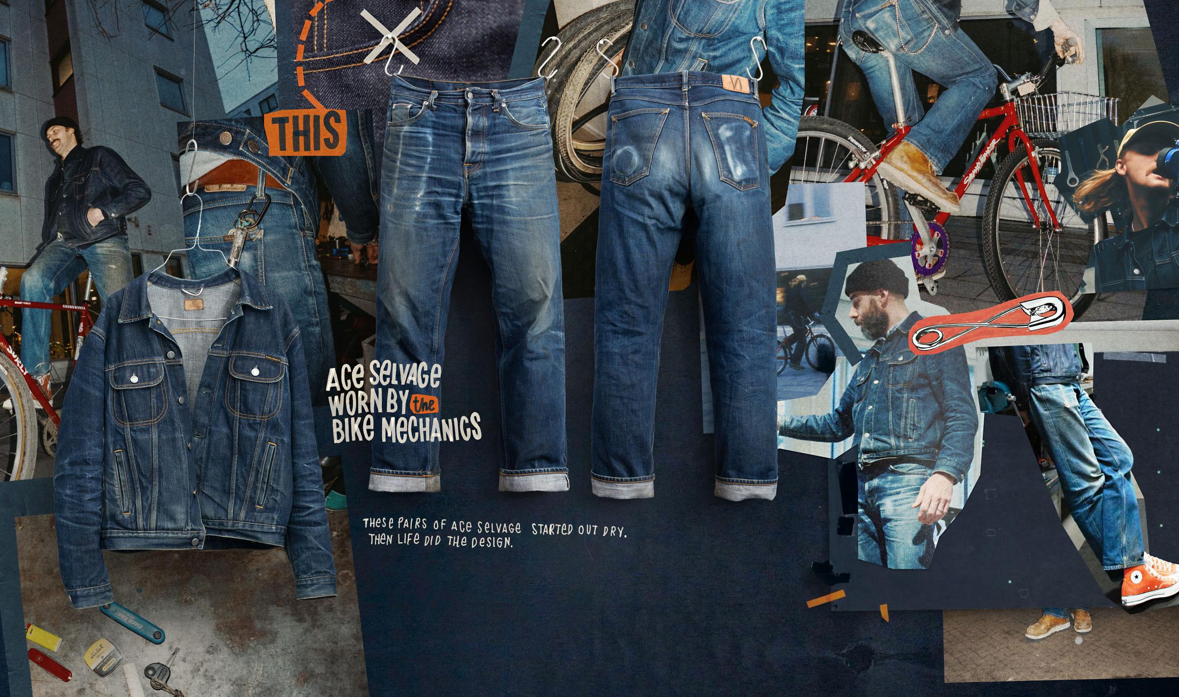 Collage featuring jeans, a denim jacket, a bike, and various street scenes. Text reads "Ace Selvedge Worn by the Bike Mechanics."