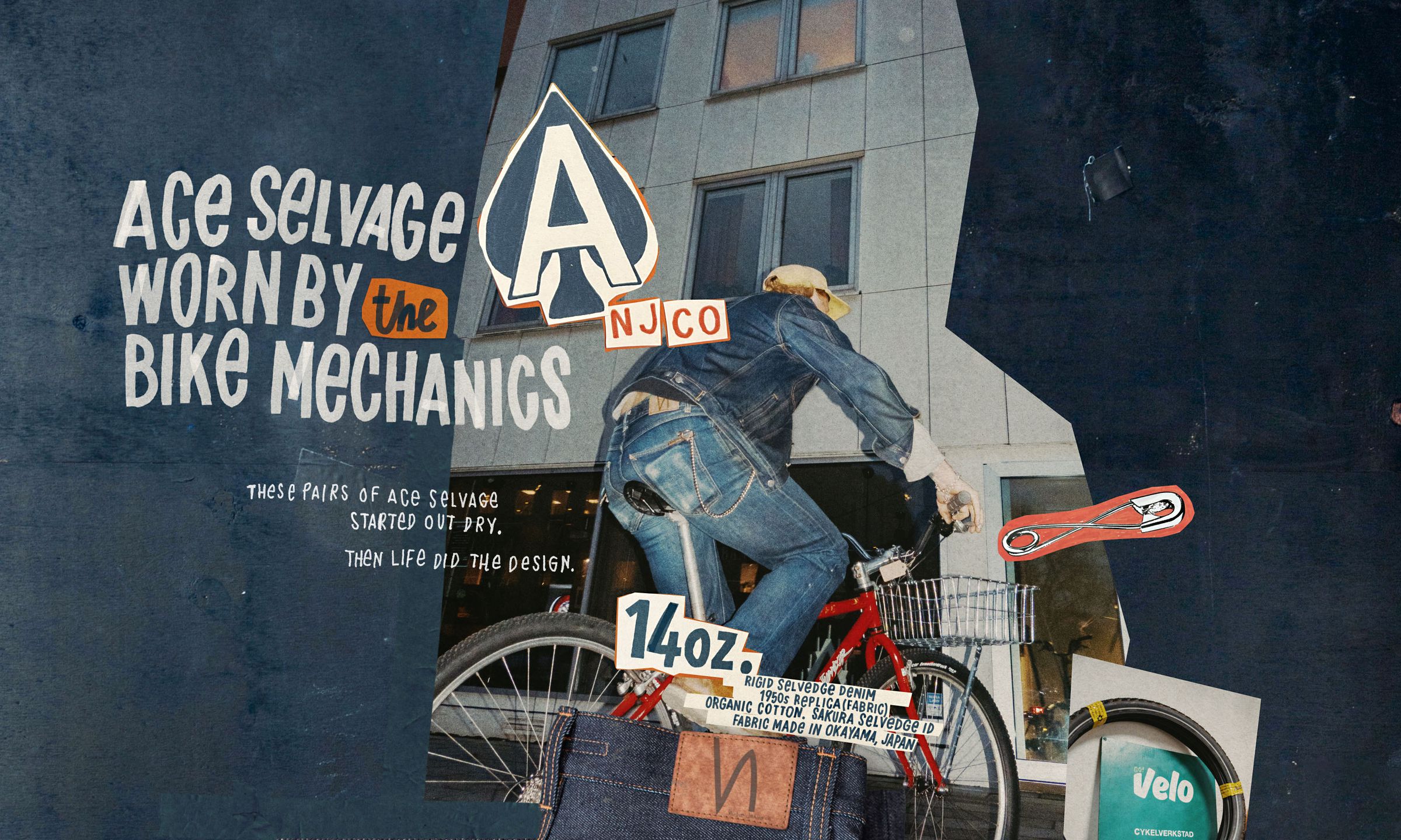 Person in denim and cap riding a red bike past a building, with text about Ace Selvage clothing. Tools and fabric swatch visible.