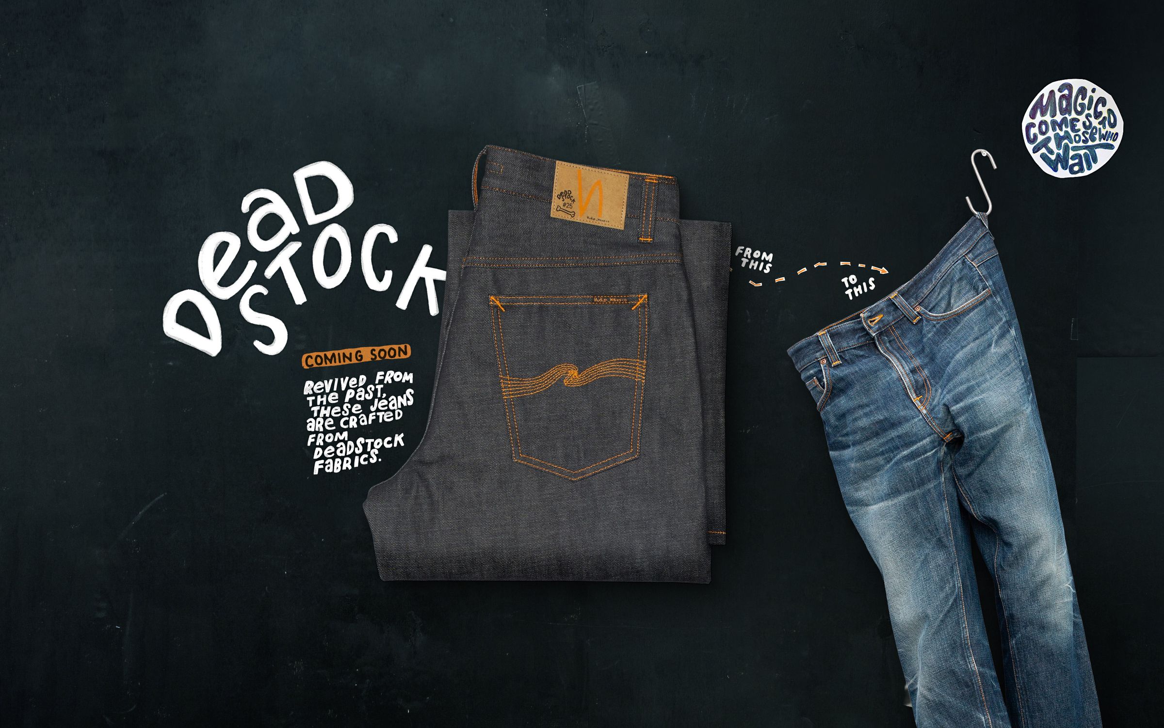 Folded and hung jeans against a dark background with text promoting "Dead Stock" denim, highlighting its revival from pre-crafted fabric.