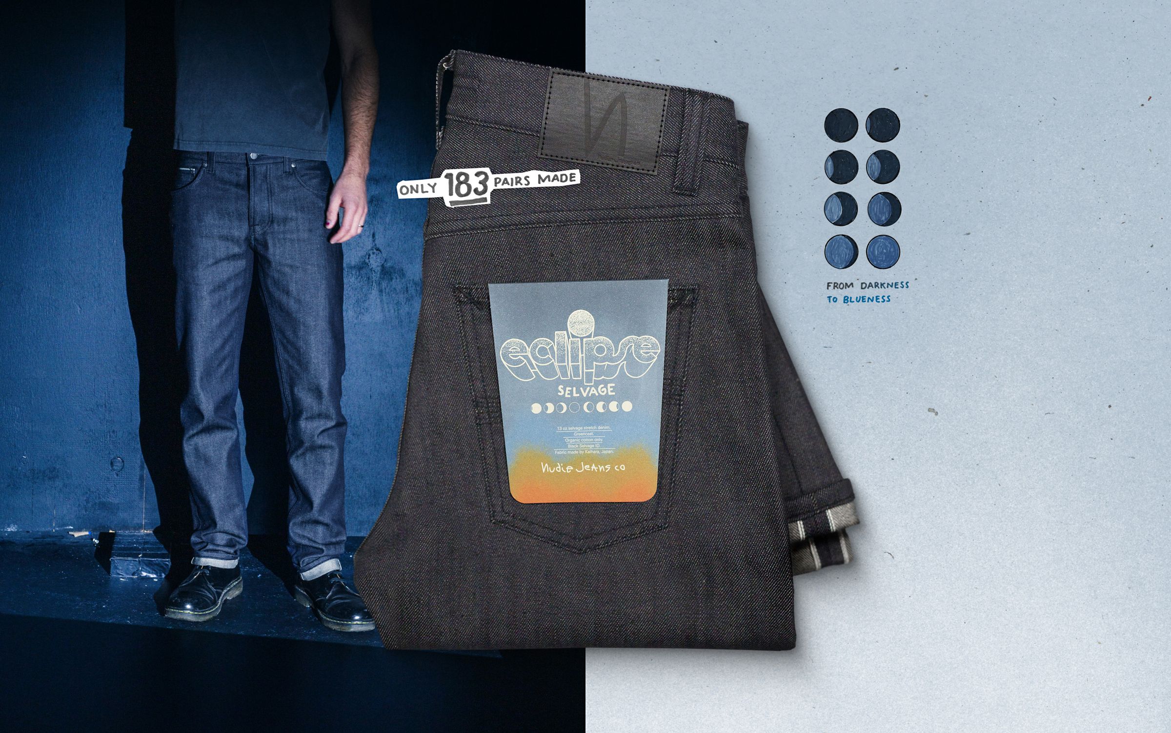 Dark jeans displayed with a label reading "Eclipse Selvedge." Text states "Only 183 pairs made" and shows denim color samples.