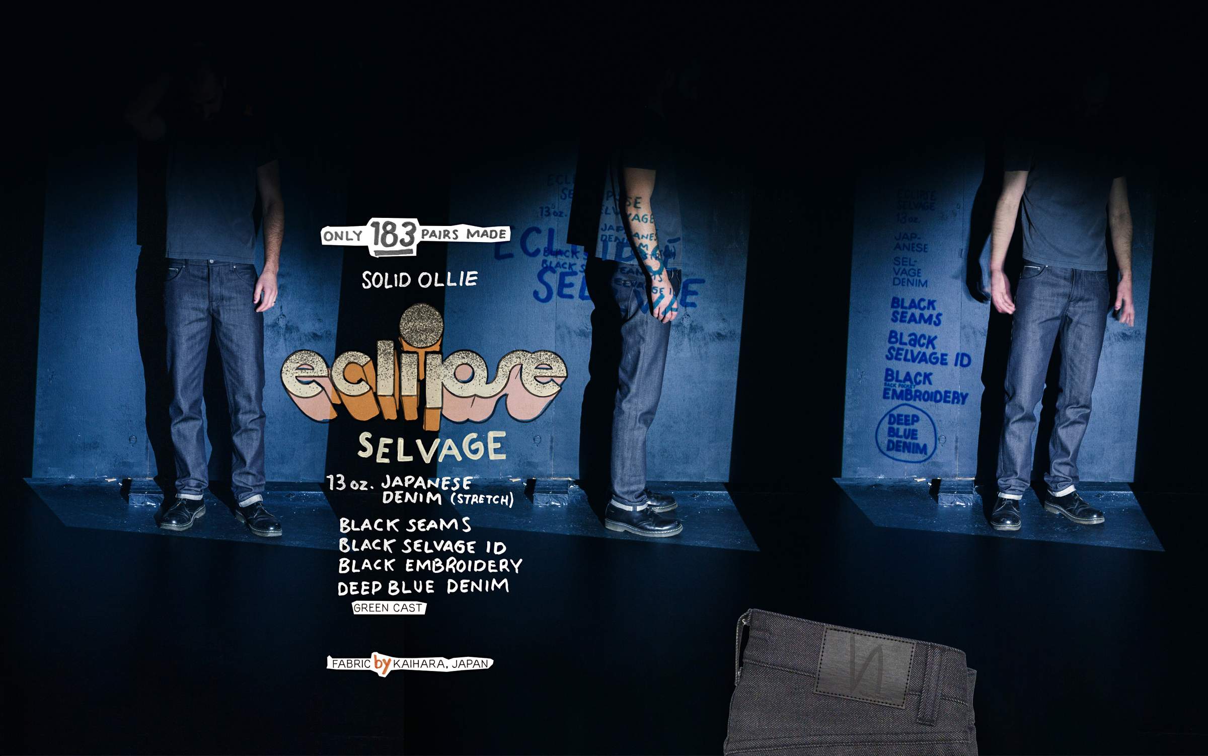 Person wearing dark jeans stands in front of a blue wall with text about "eclipse Selvage" denim. Limited 183 pairs