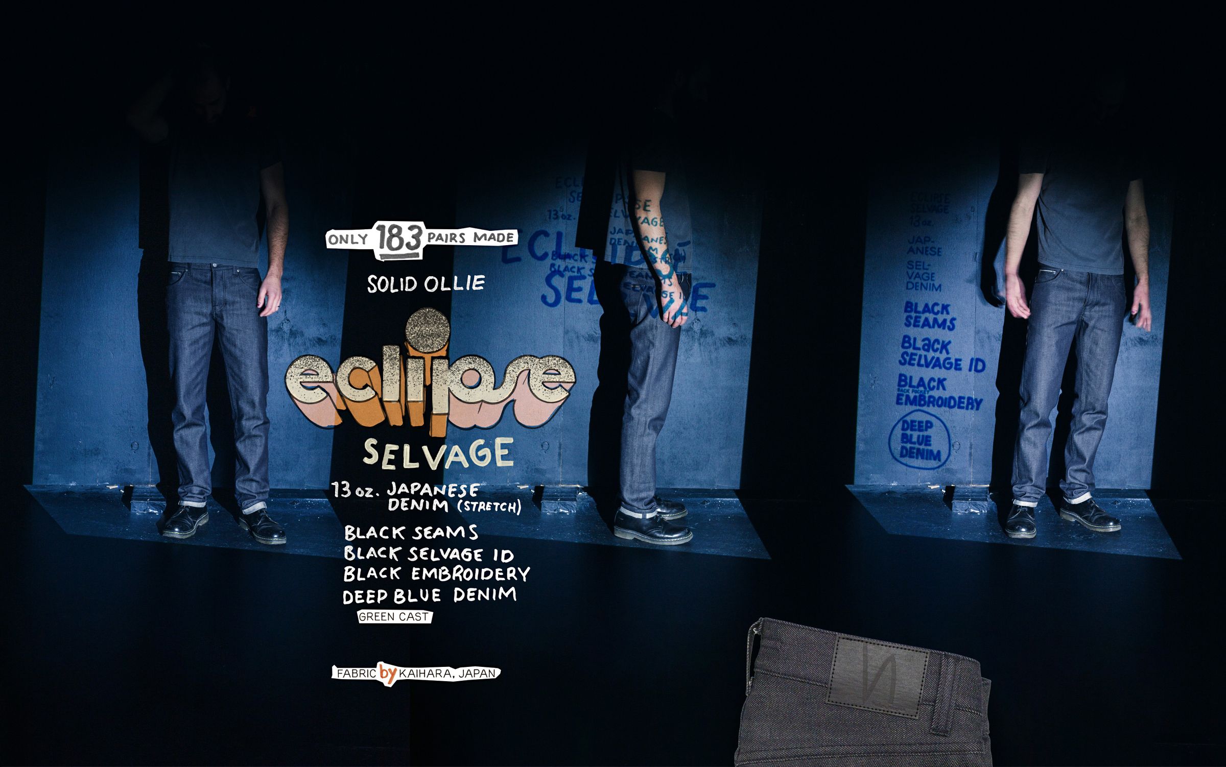 Person wearing dark jeans stands in front of a blue wall with text about "eclipse Selvage" denim. Limited 183 pairs