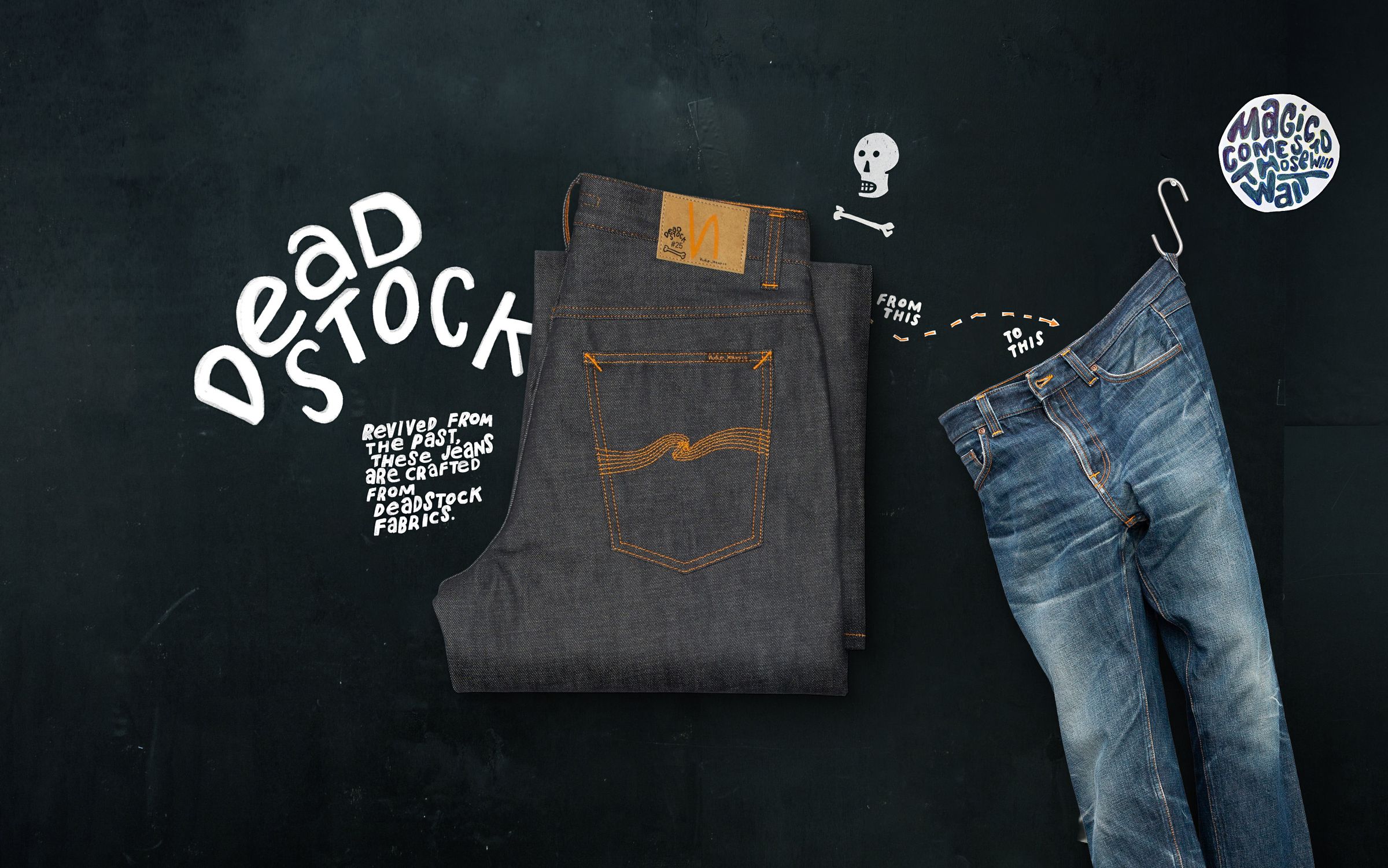 Folded dark jeans and a pair of light blue jeans on a blackboard with text about "Dead Stock" and denim fabric recycling.