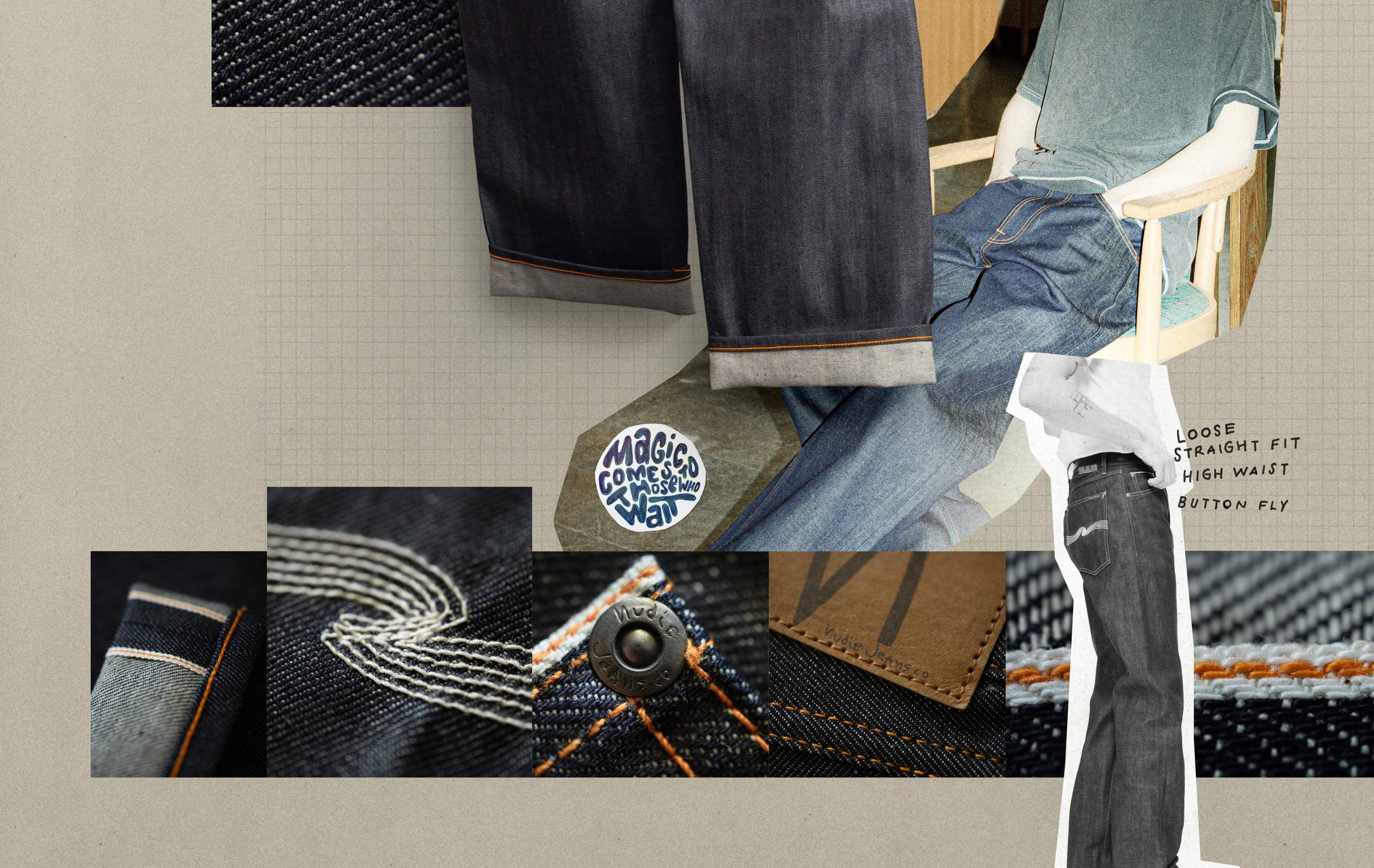 Collage showcasing Nudie Jeans with details like stitching, button fly, and labels. Text reads "Loose Straight Fit, High Waist, Button Fly."