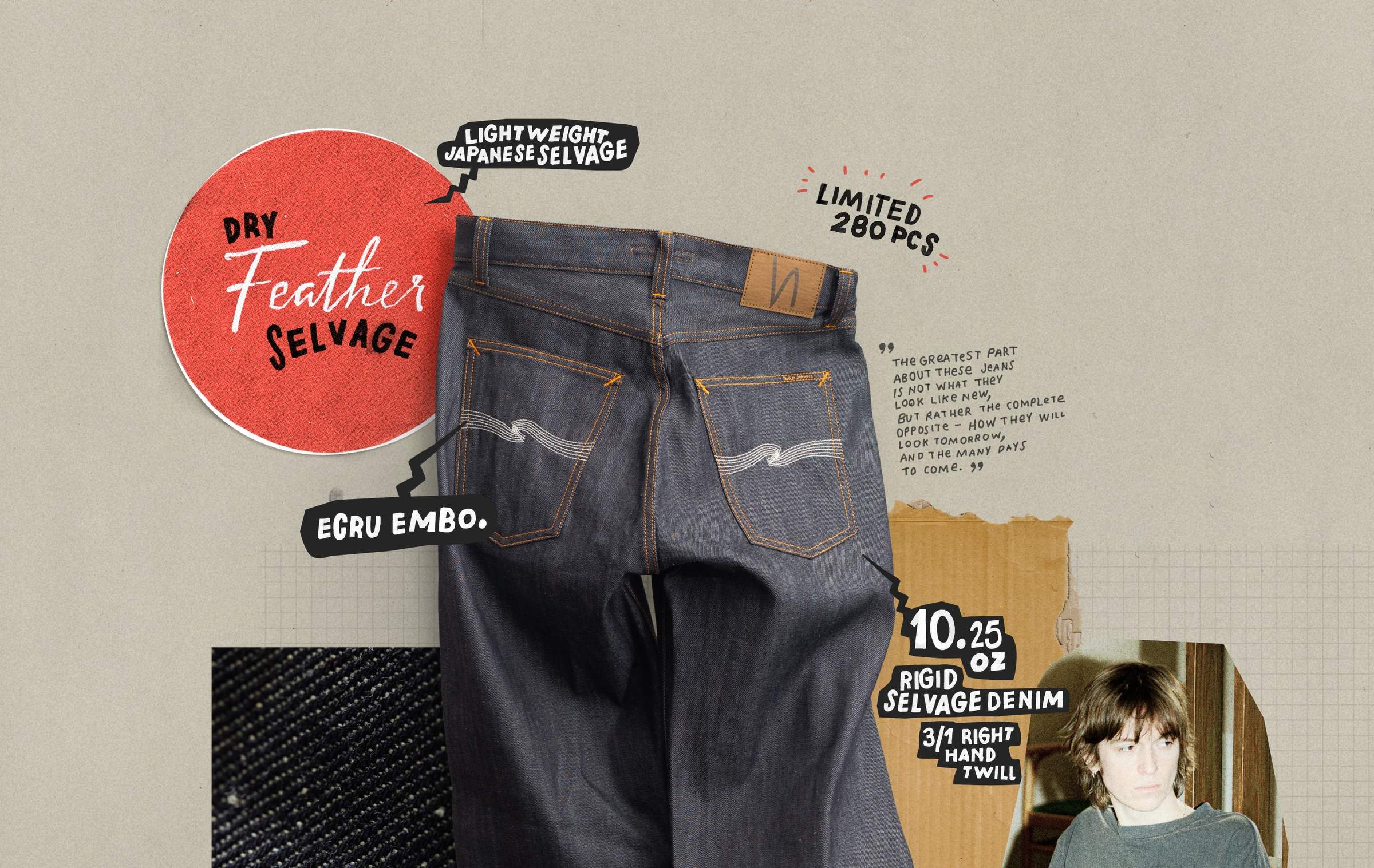Back of Nudie Jeans with red "Dry Feather Selvage" text, highlighting lightweight Japanese denim, limited 280 pieces, with detailed specs and patch.