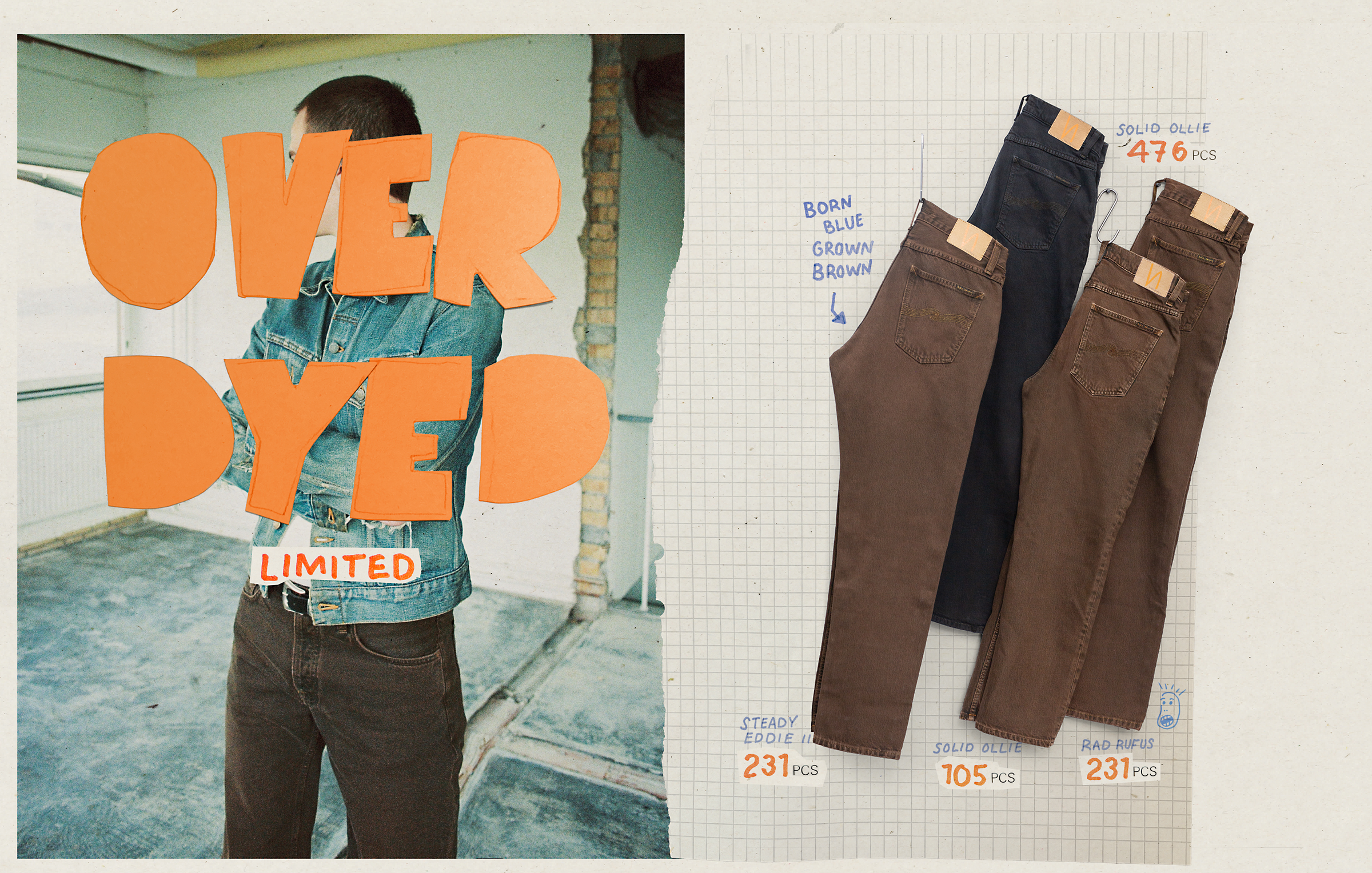 Nudie Jeans Overdyed Limited collection, model in denim jacket and brown jeans beside three overdyed pairs.