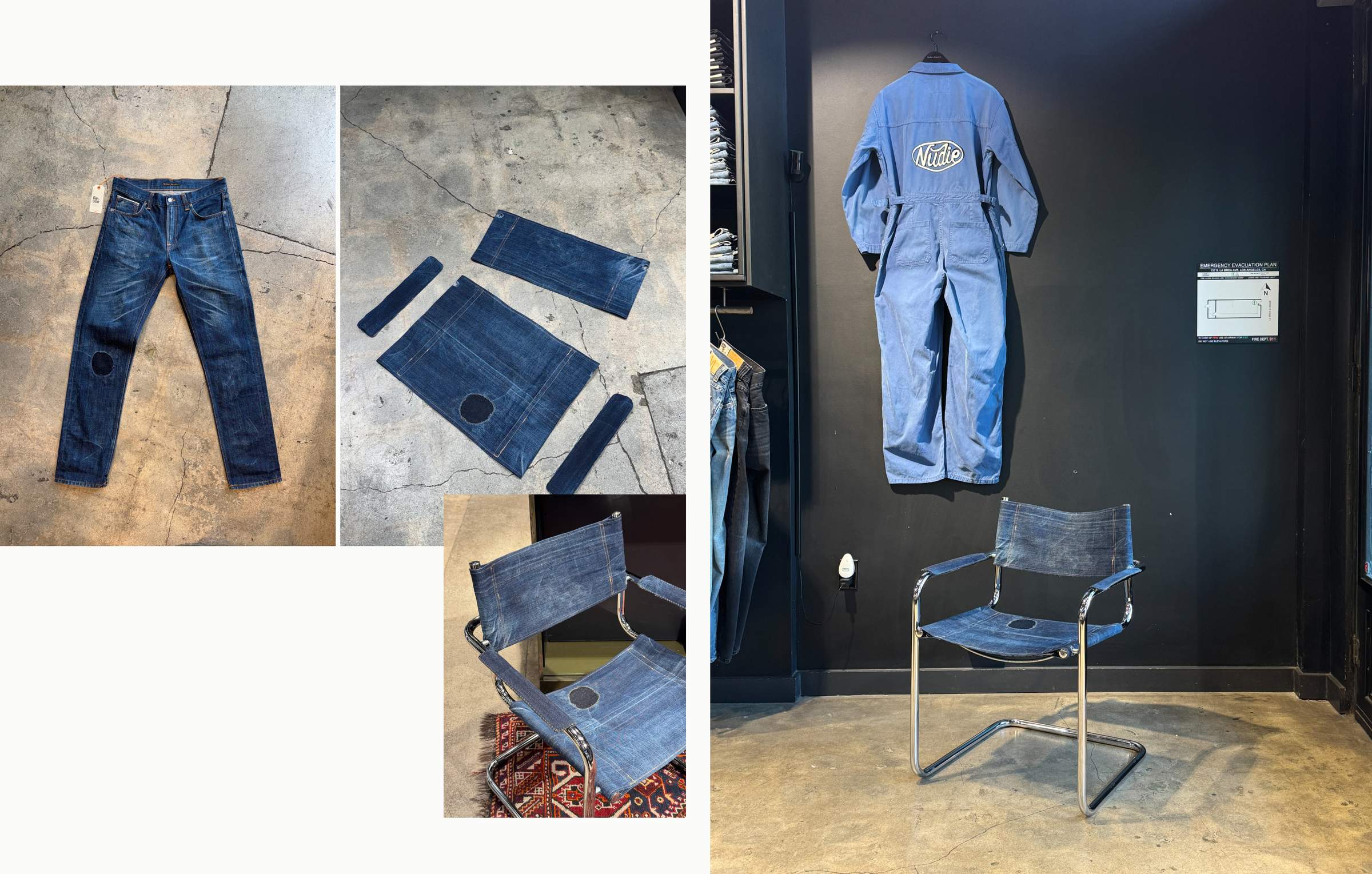 Images of jeans being repurposed into chair fabric and a wall display of a blue jumpsuit, next to a denim-upholstered chair.