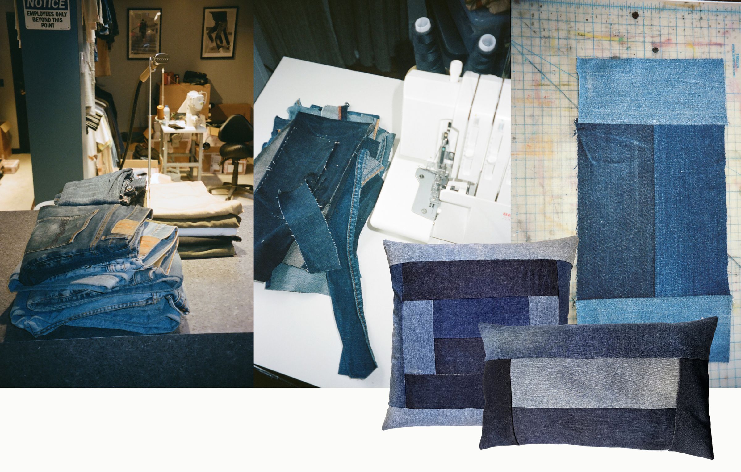 Stacks of denim, sewing machine on a table, cut denim pieces, and two patchwork denim pillows on a crafting surface.