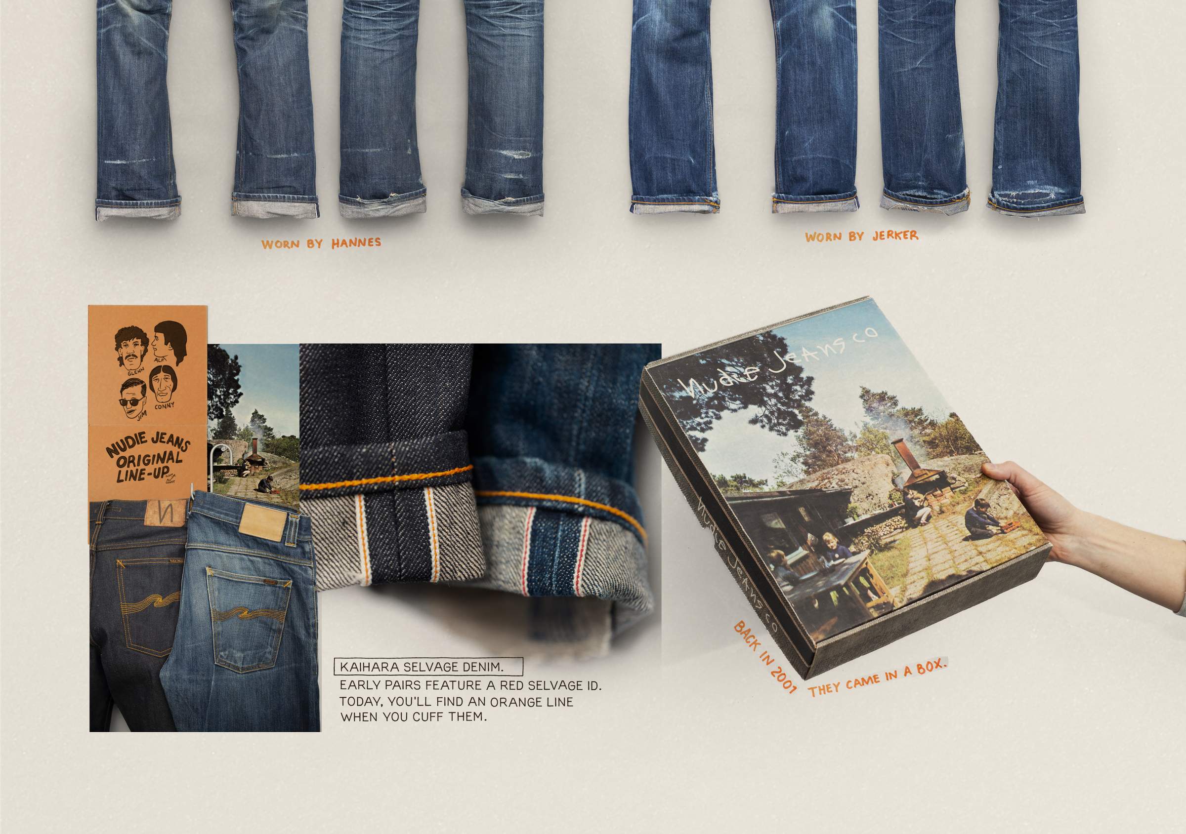 Vintage Regular Alf 2001 original Nudie Jeans fit display with close-up details, graphic illustrations, and a hands holding a box showing a countryside scene.