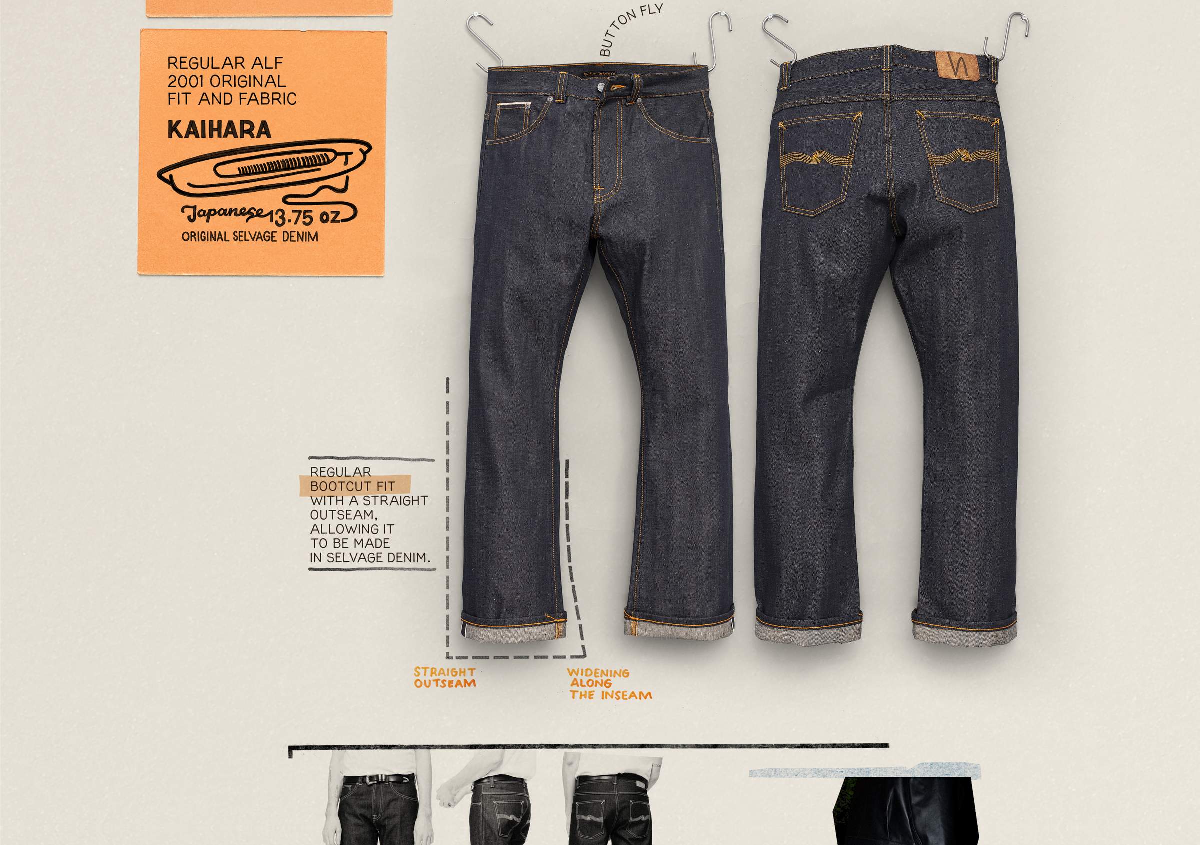 Two pairs of Regular Alf 2001 original Nudie Jeans fit displayed front and back. Text describes a regular bootcut fit with straight outseam, and selvedge denim details.