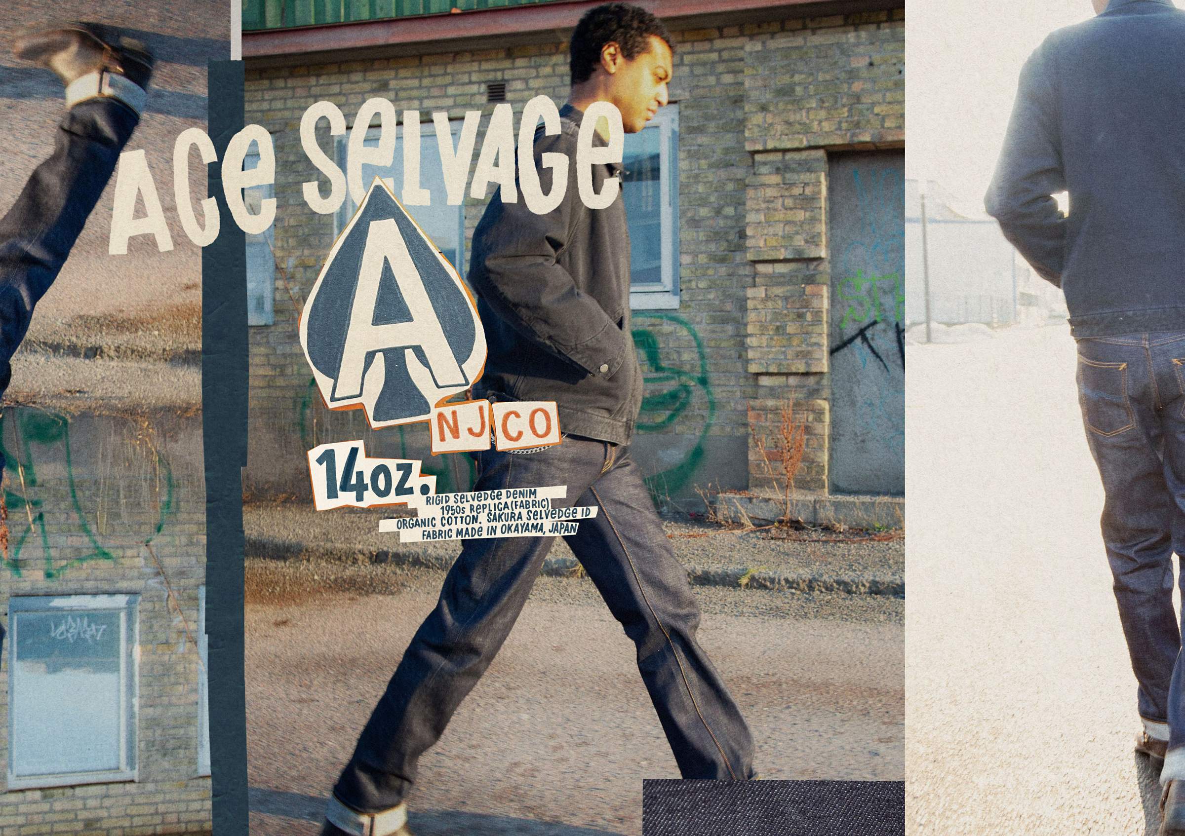 Person in denim walking outdoors near brick buildings, overlaid with graffiti, text "ACE SALVAGE 14 oz." and logos. Urban setting, casual mood.