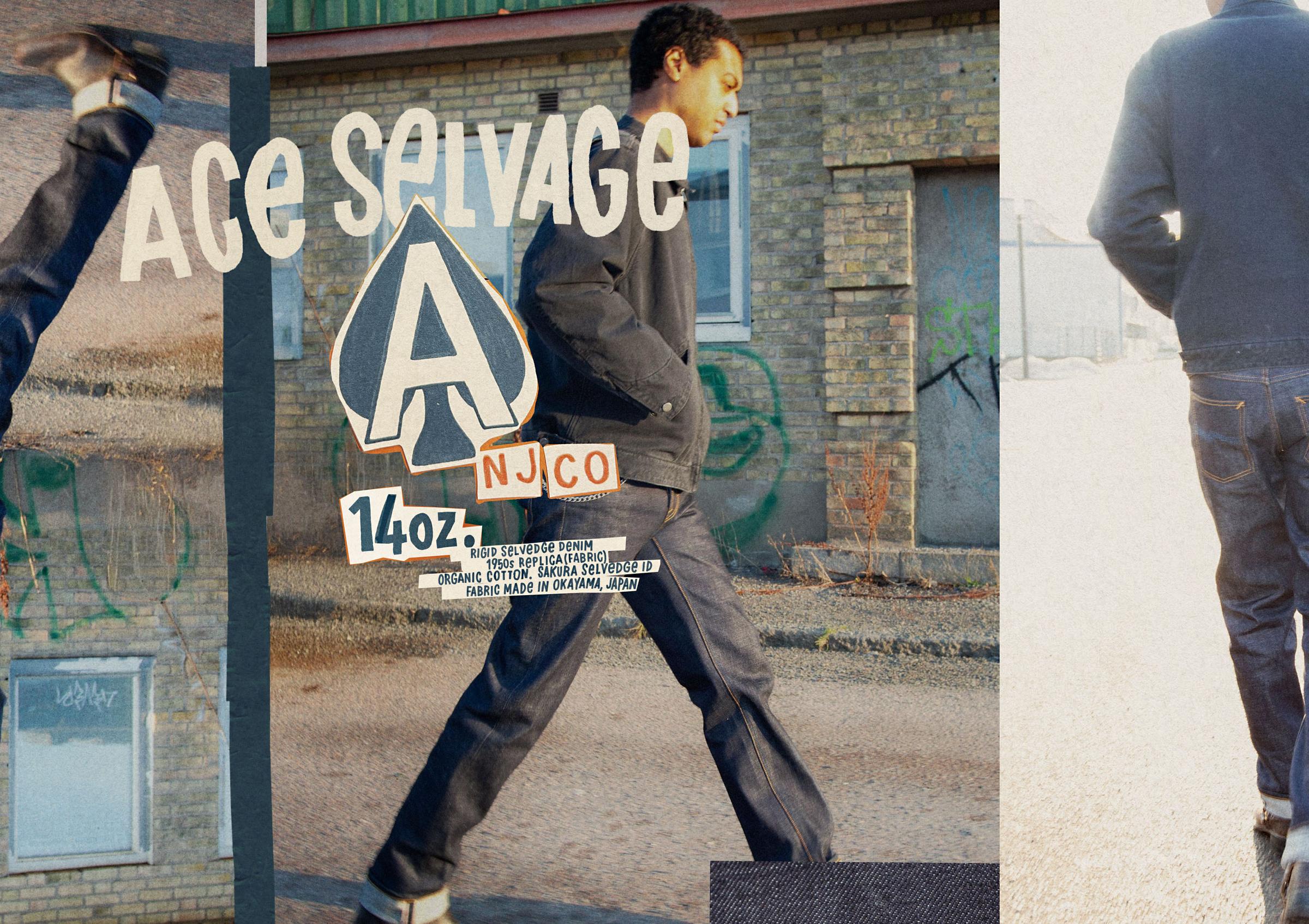 Person in denim walking outdoors near brick buildings, overlaid with graffiti, text "ACE SALVAGE 14 oz." and logos. Urban setting, casual mood.