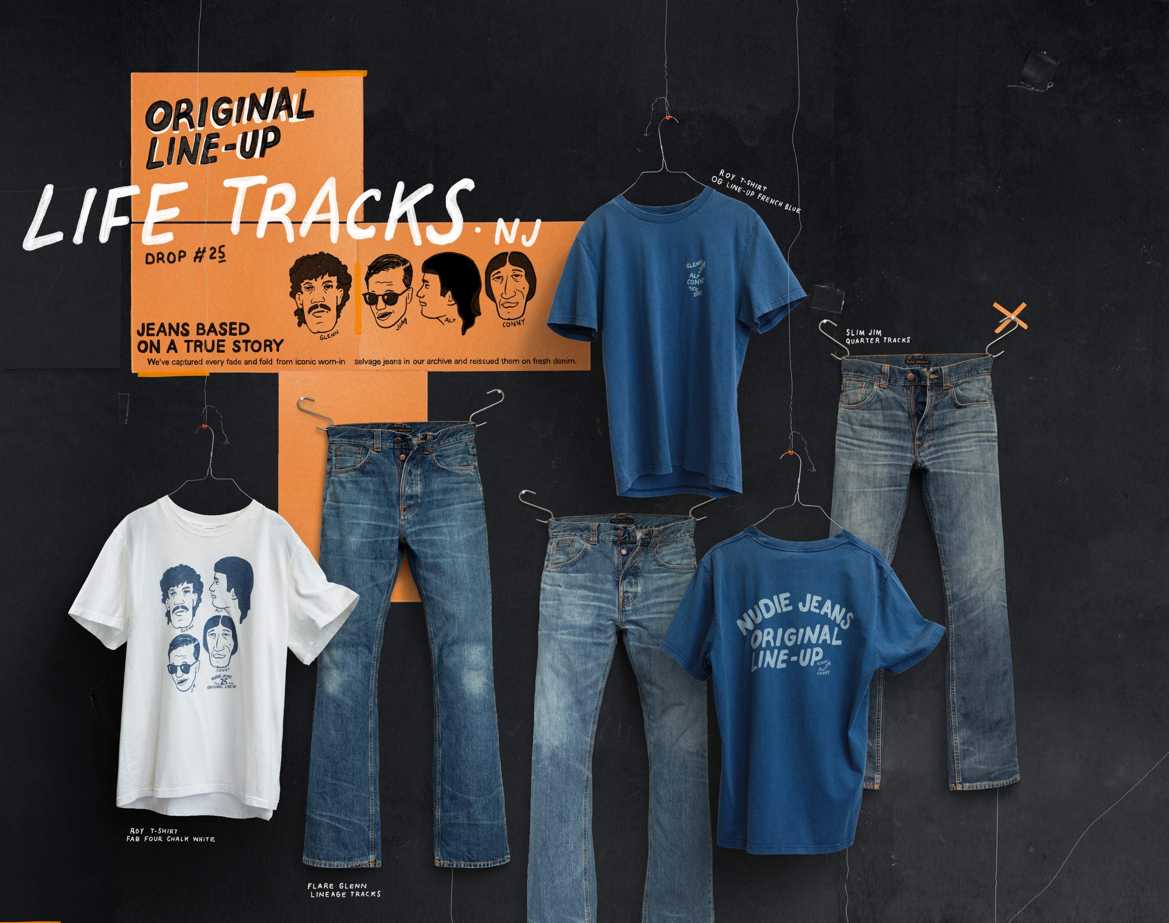 Nudie Jeans Life Tracks Drop #25 Original Line-Up collage with worn selvedge jeans and printed t-shirts.