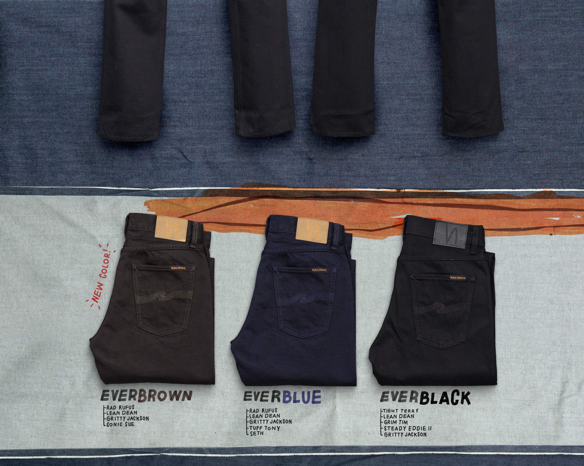 Nudie Jeans Everjeans in Everbrown, Everblue, and Everblack folded on denim fabric with color swatches.