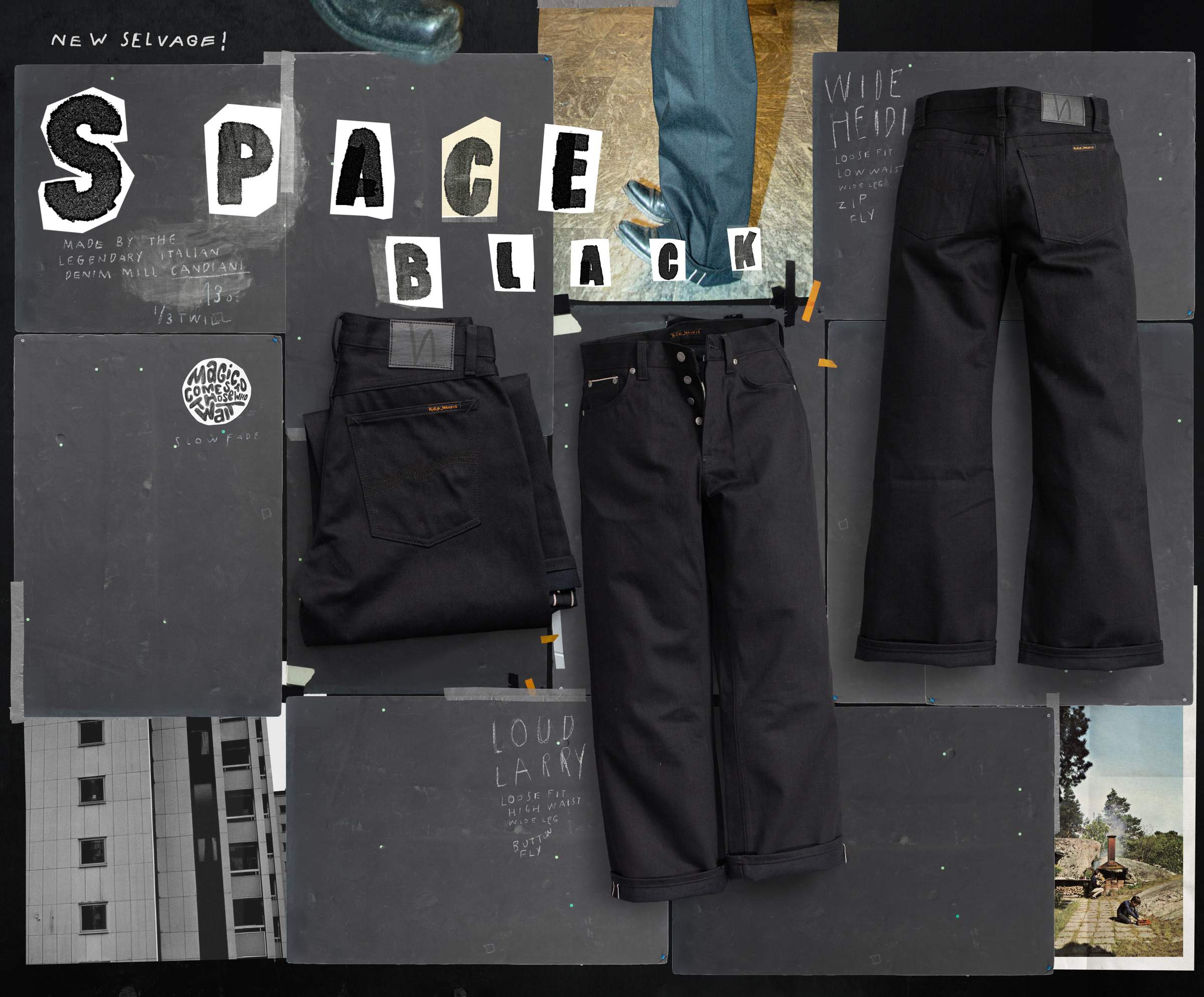 Nudie Jeans Space Black selvedge denim collage featuring Wide Heidi and Loud Larry fits in raw black denim.