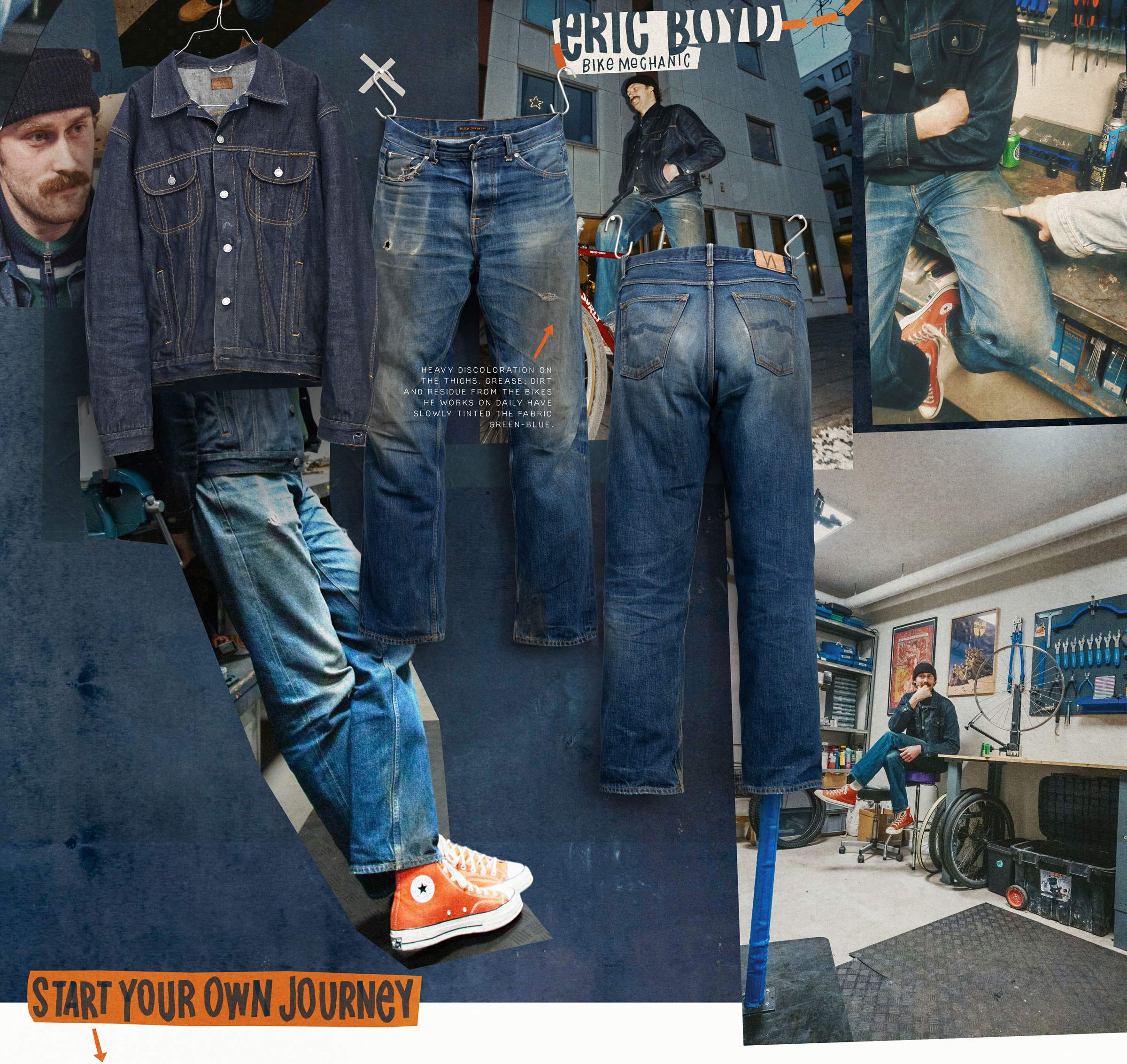Collage of denim jacket, jeans, orange sneakers, and photos of a bike mechanic in a workshop. Text: "Start Your Own Journey."