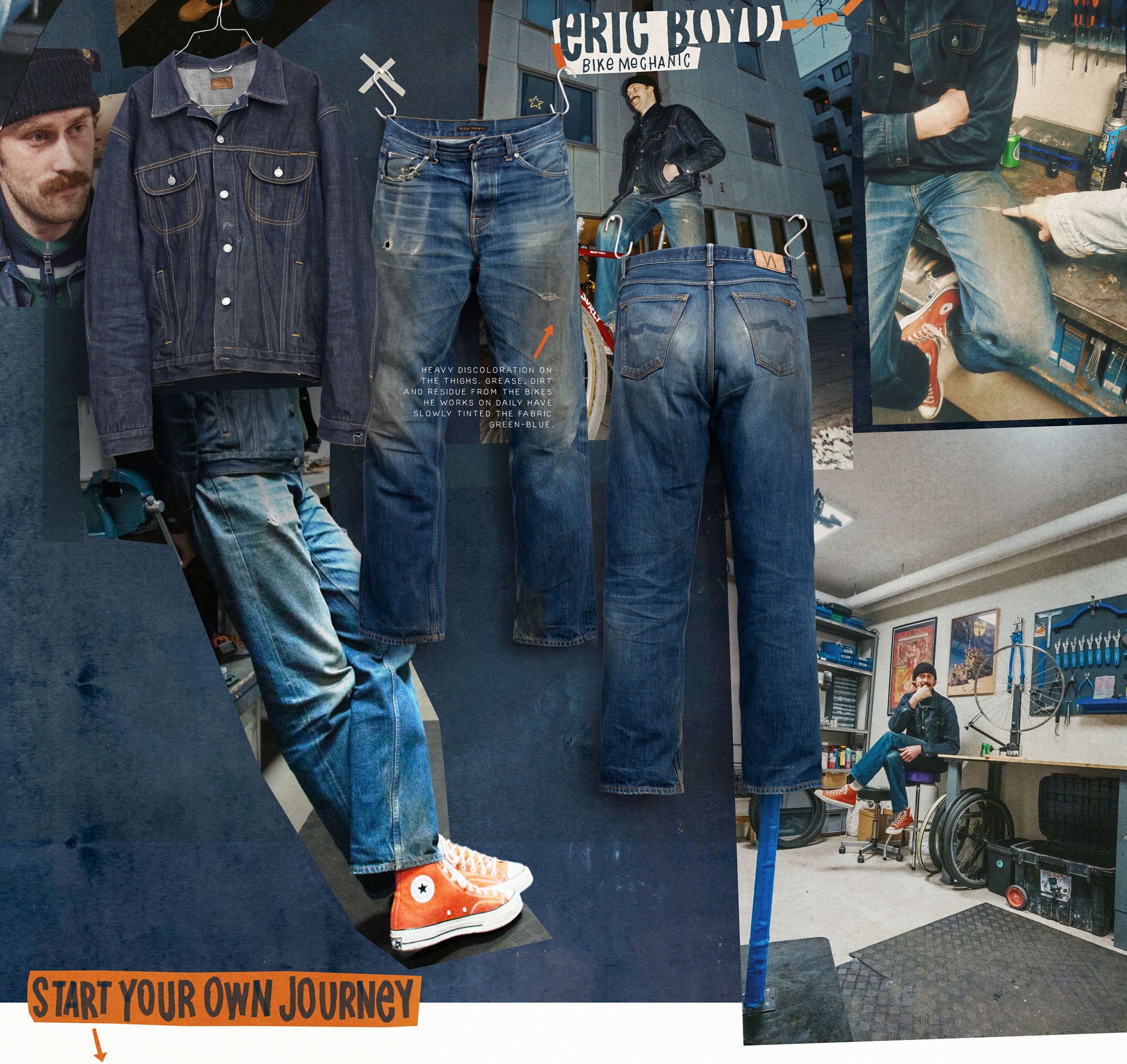 Collage of denim jacket, jeans, orange sneakers, and photos of a bike mechanic in a workshop. Text: "Start Your Own Journey."