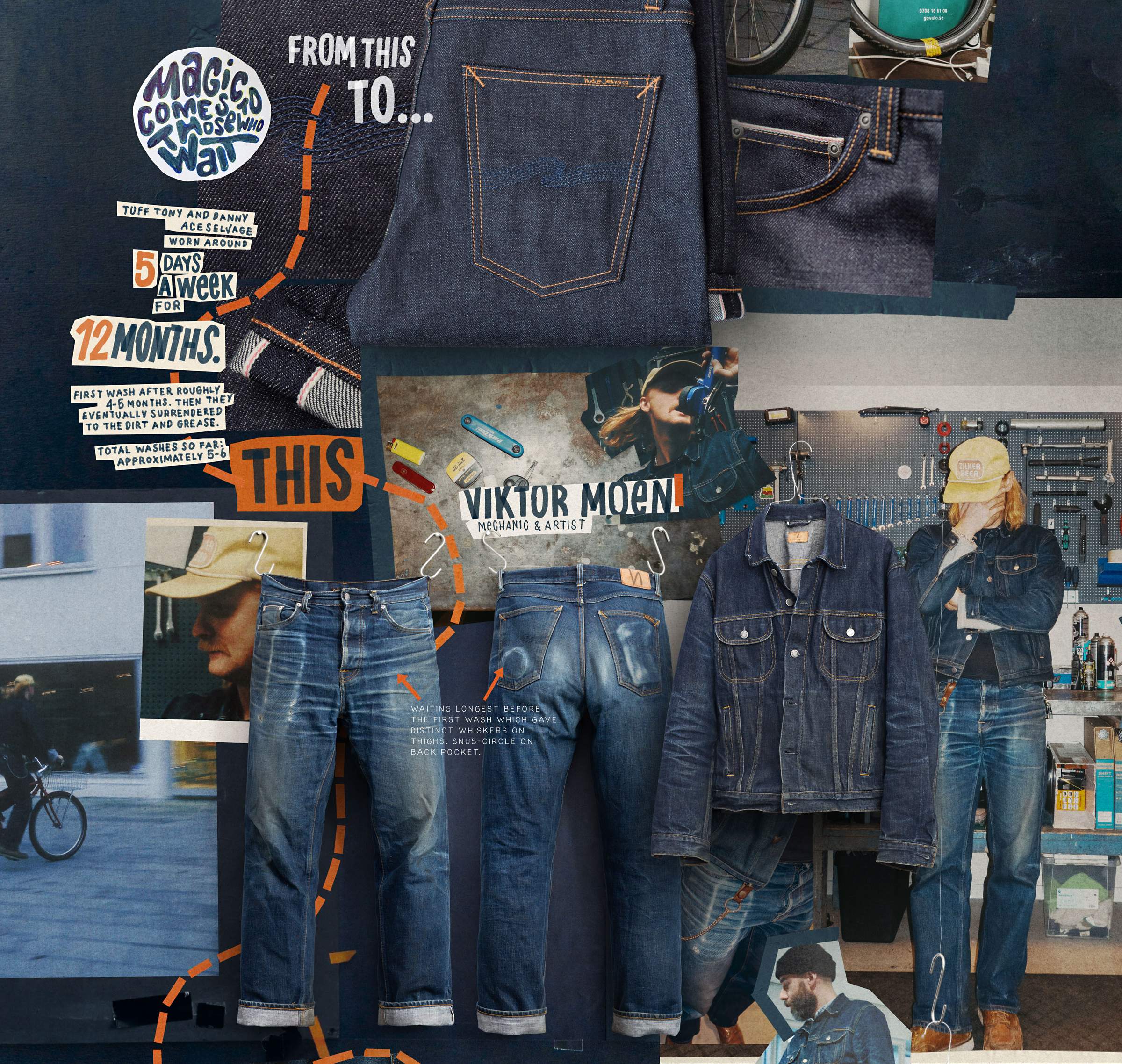 Collage featuring denim jeans and jacket, a cyclist, text elements, and stickers with phrases like "Magic Come Save Me" and "Viktor Moan."
