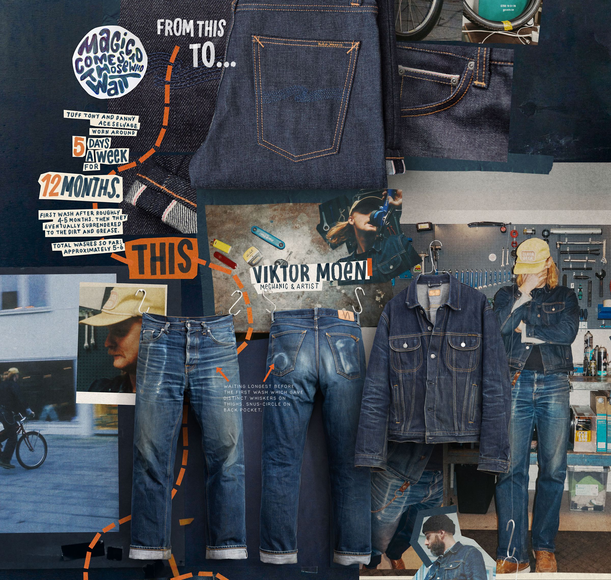 Collage featuring denim jeans and jacket, a cyclist, text elements, and stickers with phrases like "Magic Come Save Me" and "Viktor Moan."
