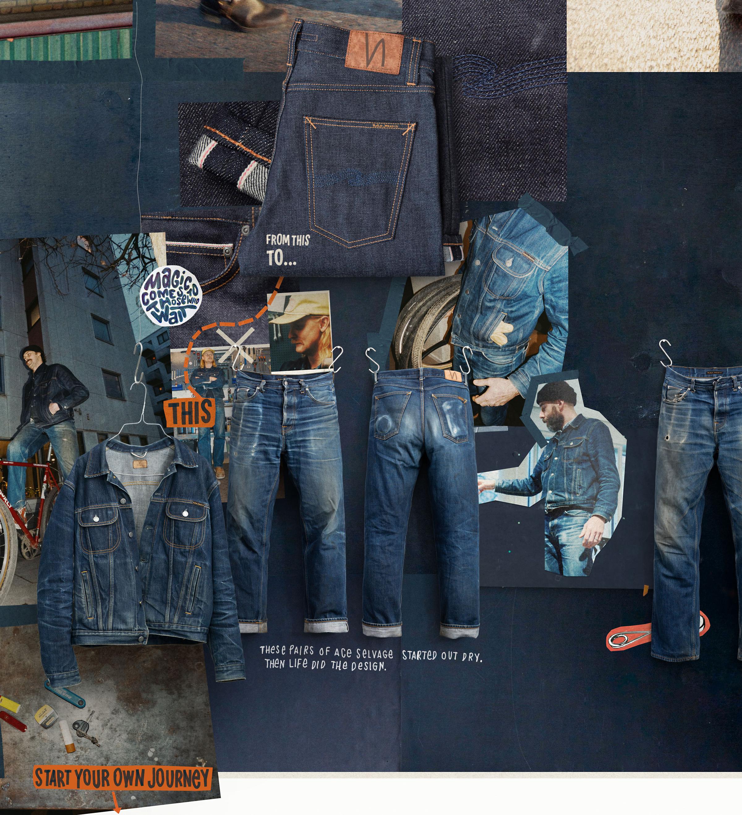 Collage of denim clothing, including jeans and jackets, displayed creatively on a blue backdrop with various textures and text overlays.