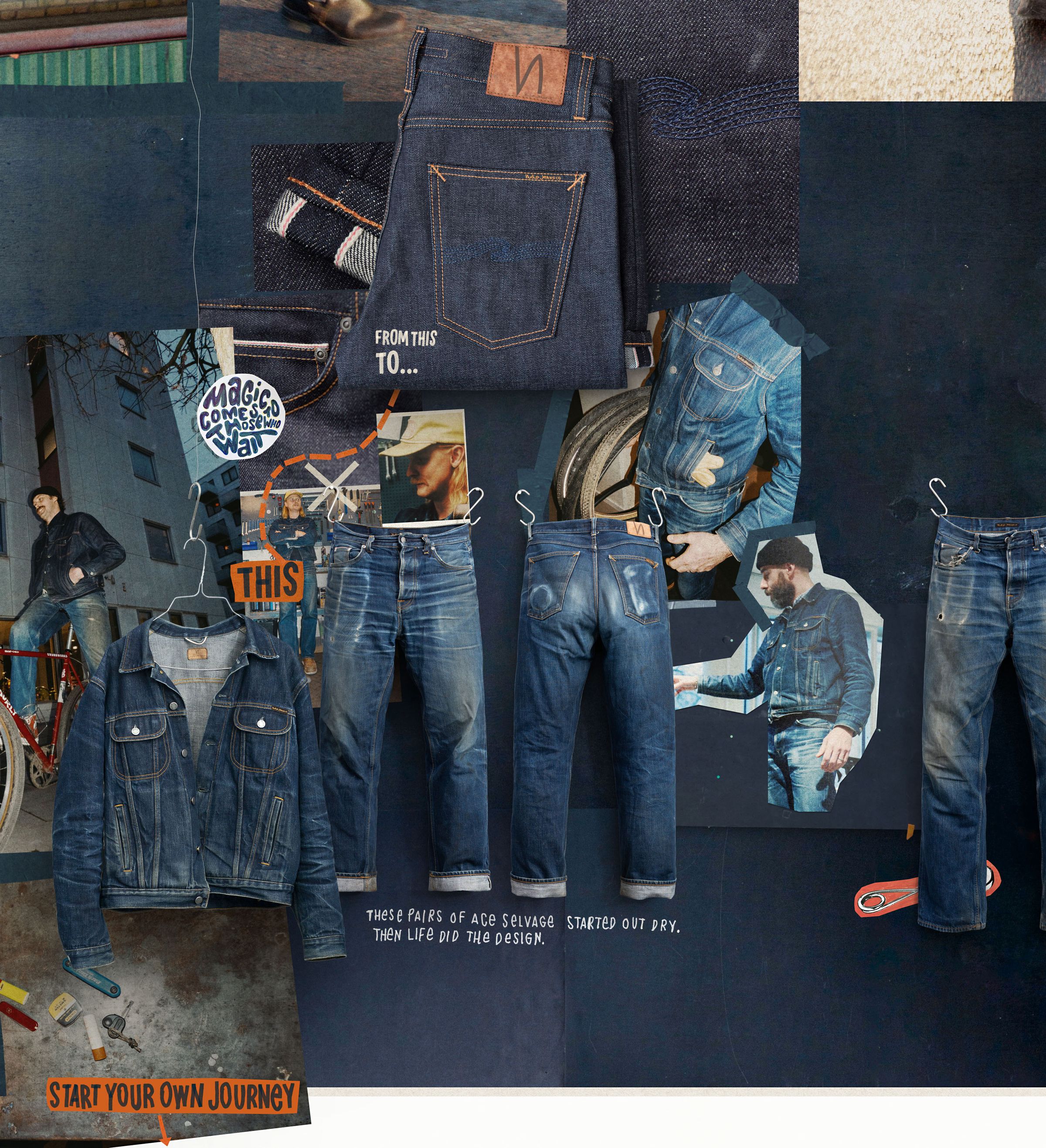 Collage of denim clothing, including jeans and jackets, displayed creatively on a blue backdrop with various textures and text overlays.