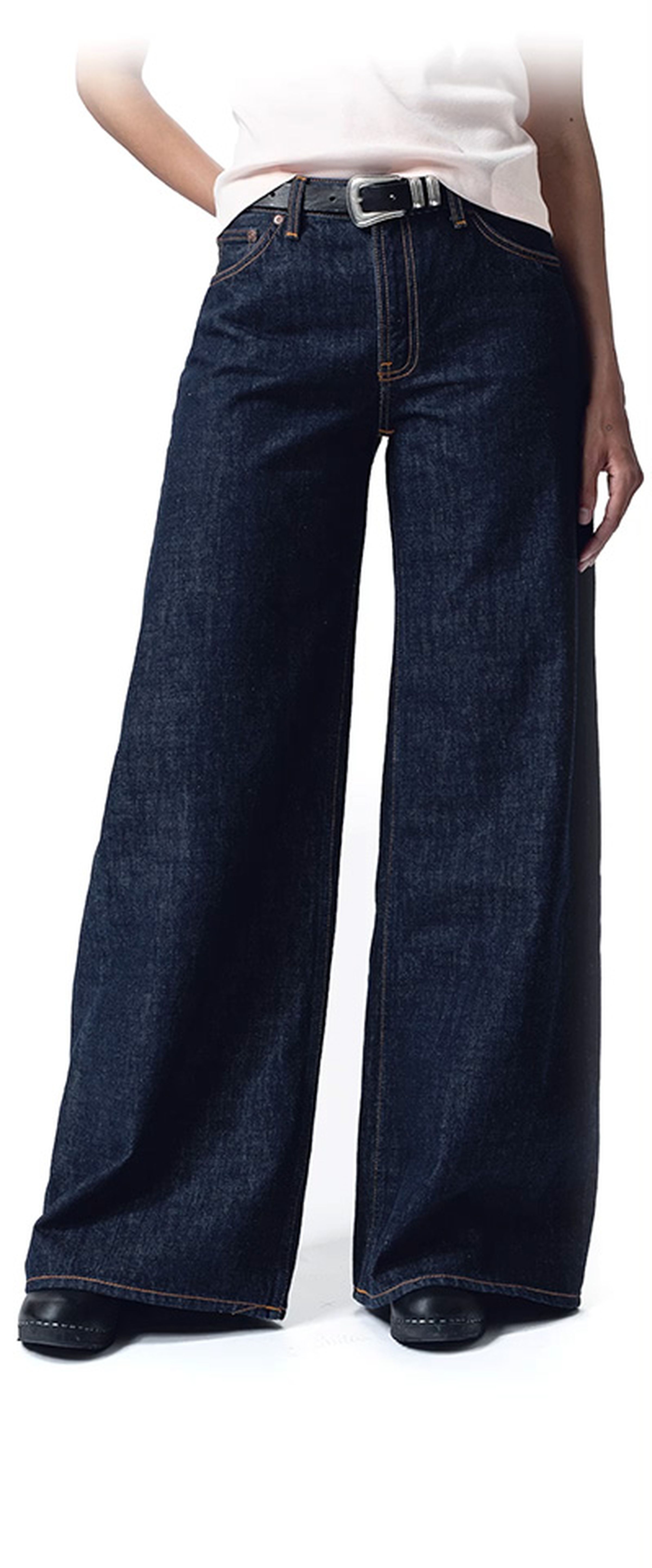 Person from waist down wearing high-waisted dark wide-leg jeans, black belt, white tucked shirt and black shoes.