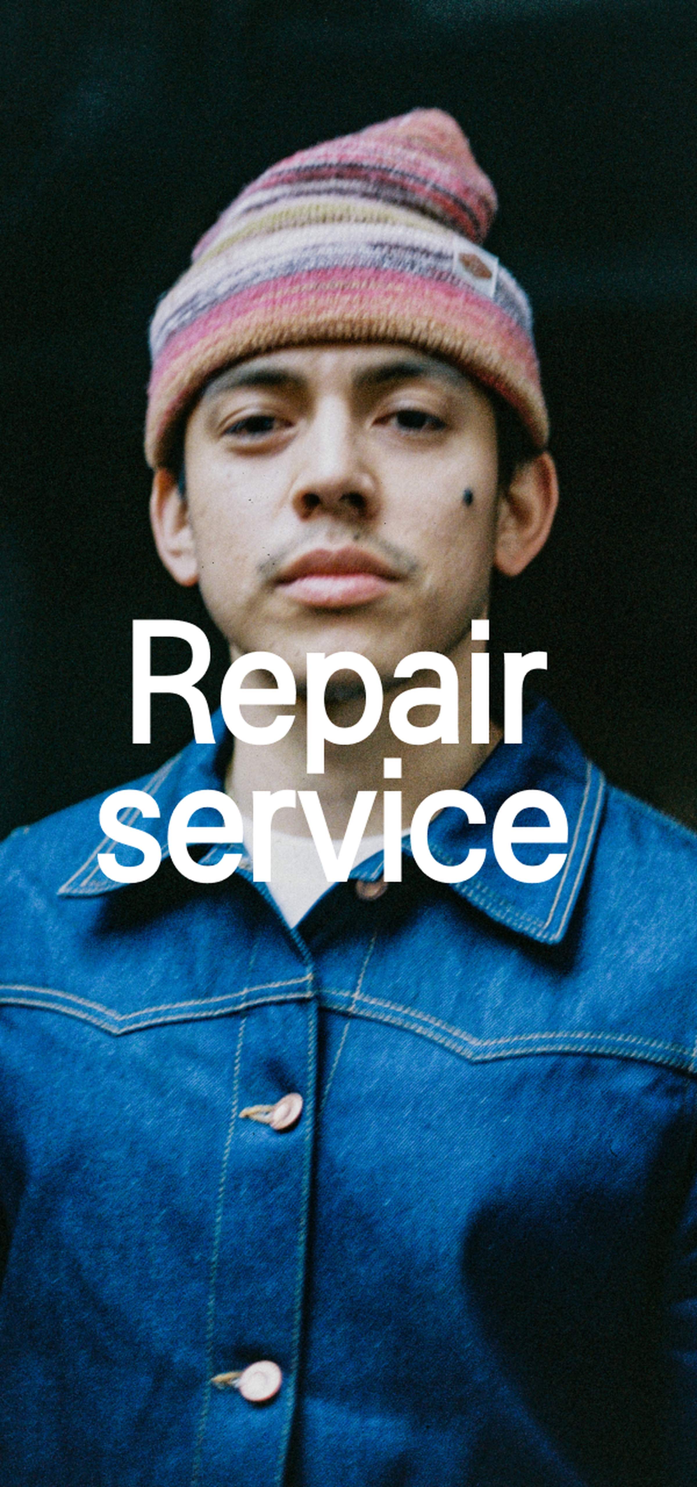 Model in blue Nudie Jeans denim jacket and pink striped beanie with "Repair service" text overlay.
