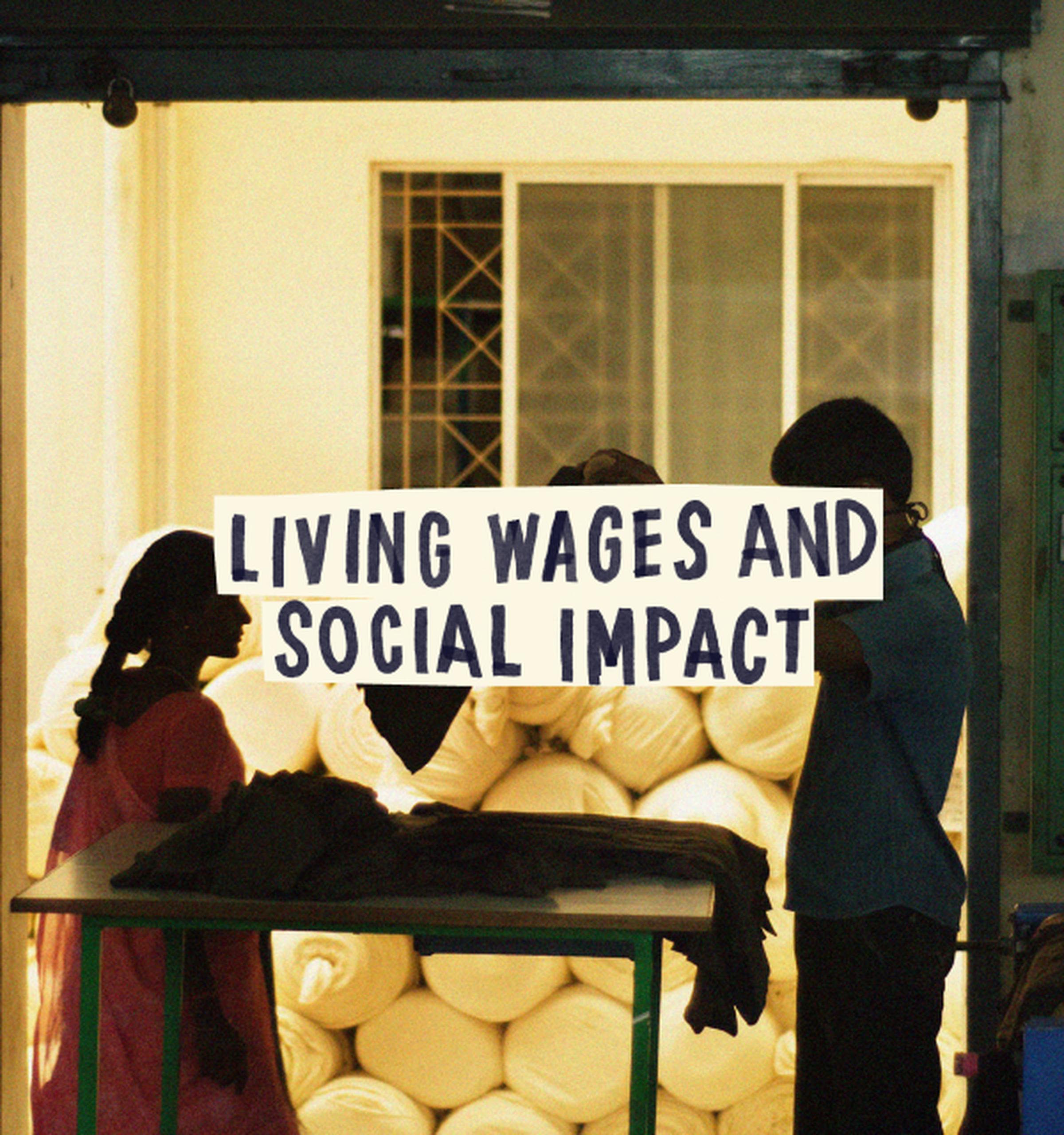 Silhouetted figures work with textiles in a dimly lit room. Text overlay reads "Living Wages and Social Impact."