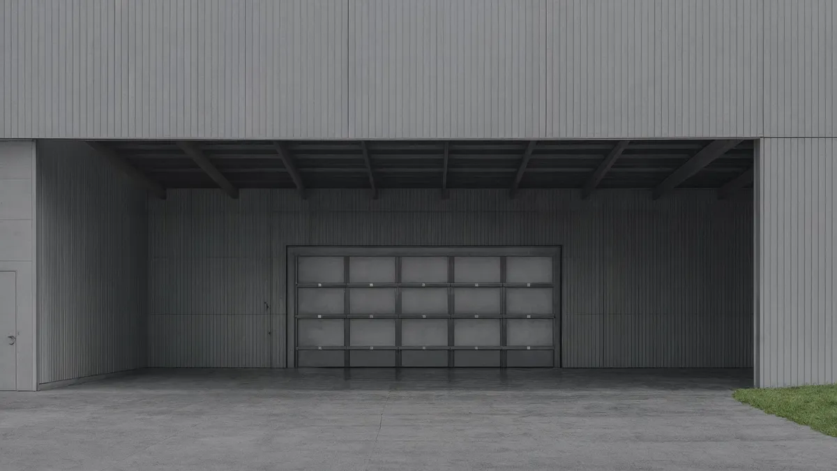 A large, modern industrial garage with a closed metal door, surrounded by a concrete driveway and a small patch of grass on the right.