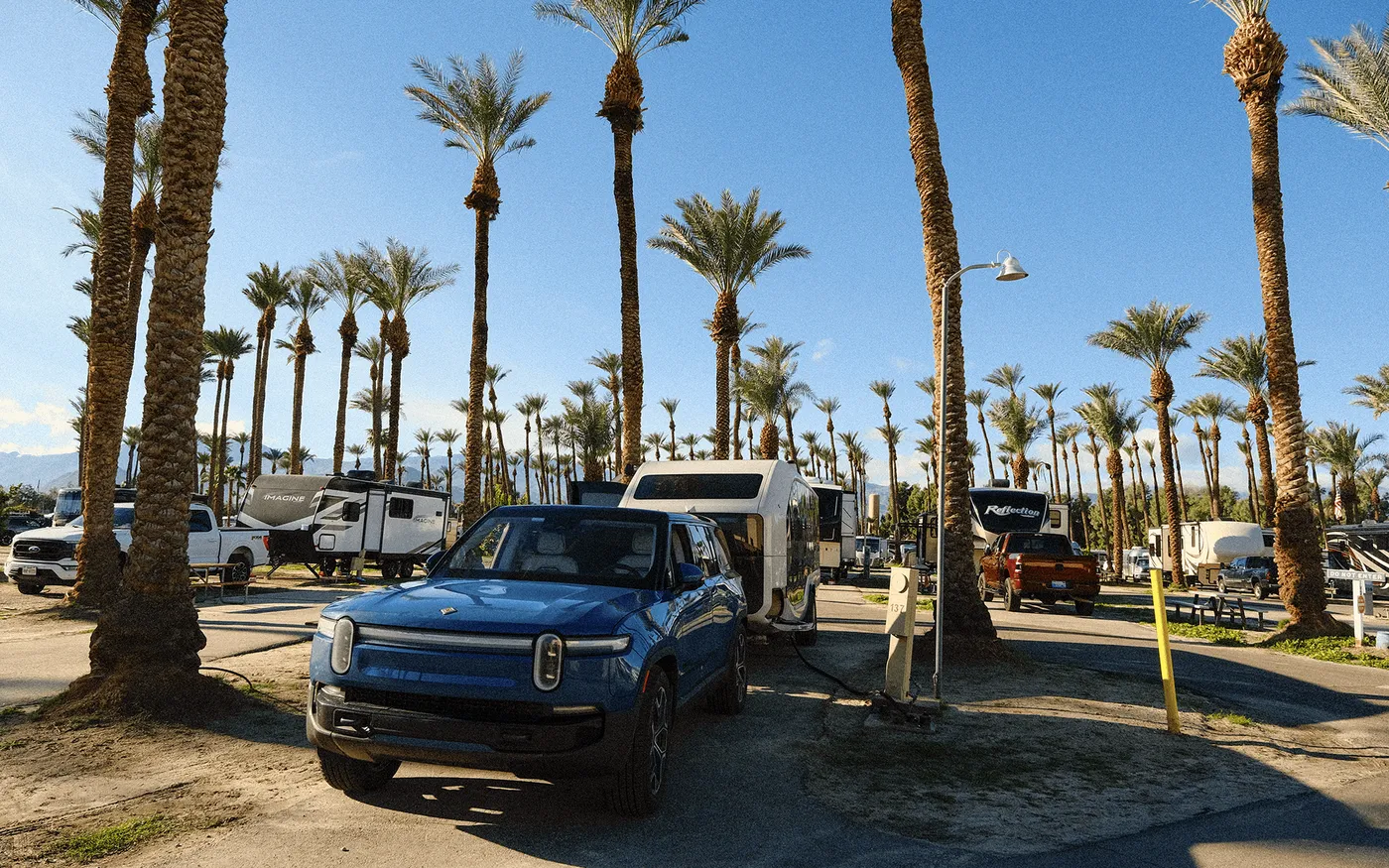 Pebble and Rivian R1S using Auto Dump at a Campsite