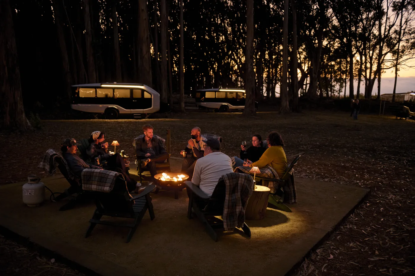 Fire pit, blankets and warm drinks at dusk