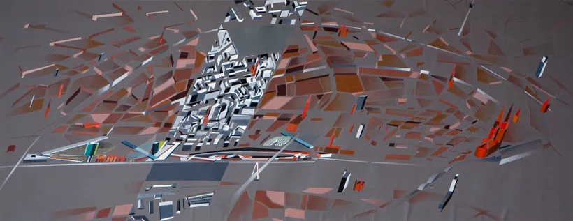 Zaha Hadid Architects, Rheinauhafen Redevelopment, Isometric of the city context, Cologne, Germany, 1993, Acrylic on cartridge mounted on canvas © Zaha Hadid Foundation