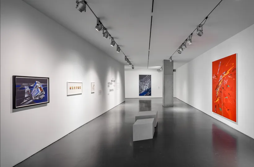 Zaha Hadid, various works. Installation view, A Permanent Nostalgia for Departure: A Rehearsal on Legacy with Zaha Hadid . Photo: Wes Battoclette, 2023. Image courtesy of the Contemporary Arts