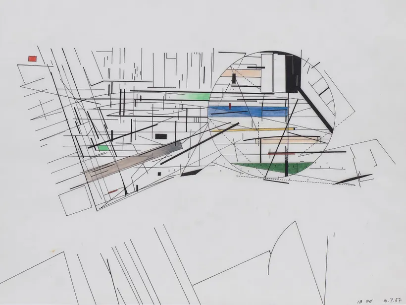 Zaha Hadid Architects, West Hollywood Civic Centre, Drawing, Los Angeles, USA, 1987, Ink and watercolours on tracing paper © Zaha Hadid Foundation