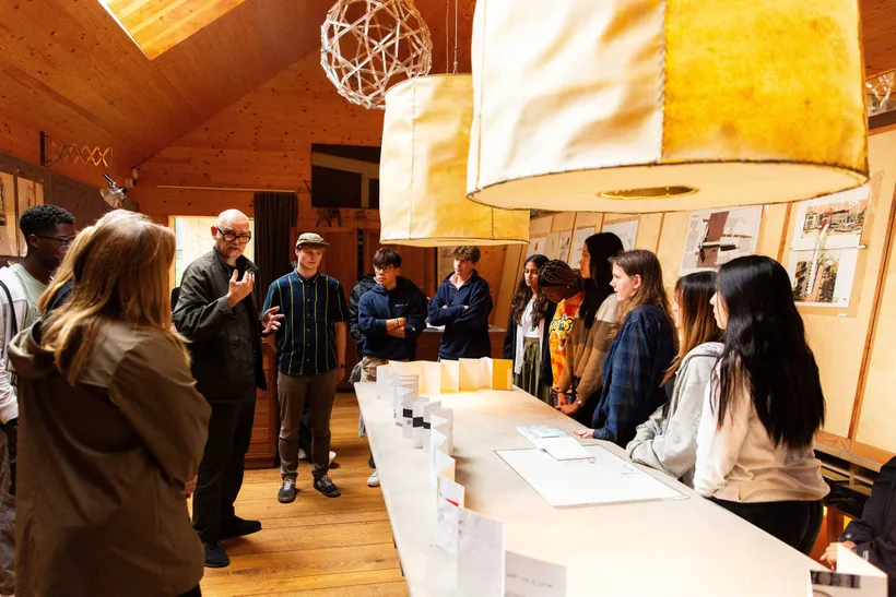 Drawing Matter, Architectural Summer School , Tutorial inside the Drawing Matter archive, Shatwell Farm, Somerset, United Kingdom, 2023 © Clare Walsh