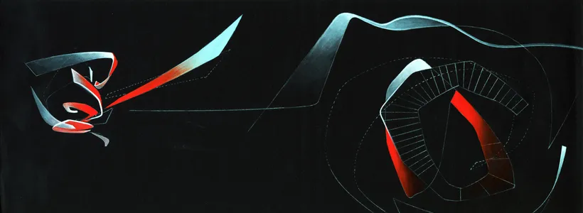 Zaha Hadid Architects, Moonsoon, Moonsoon interior, Sapporo, Japan, 1989–1990, Acrylic on black cartridge paper © Zaha Hadid Foundation
