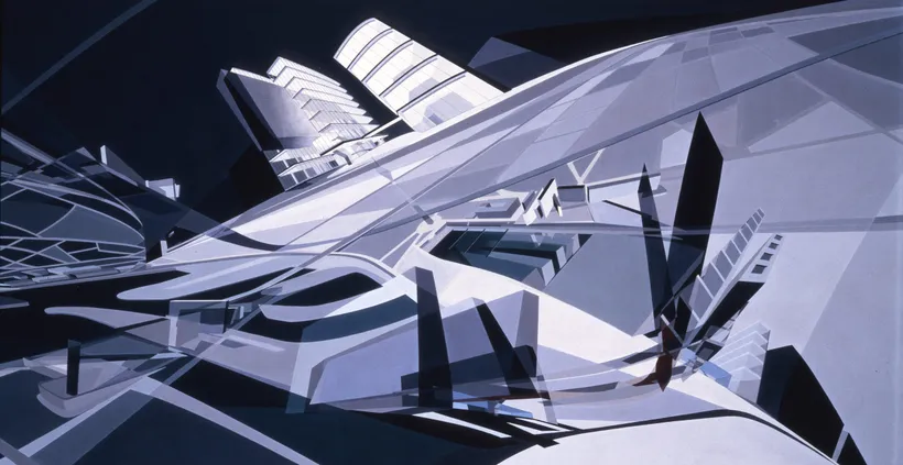 Zaha Hadid Architects, Zollhof 3 Media Park, Painting, Dusseldorf, Germany, 1989–1993, Acrylic on cartridge © Zaha Hadid Foundation