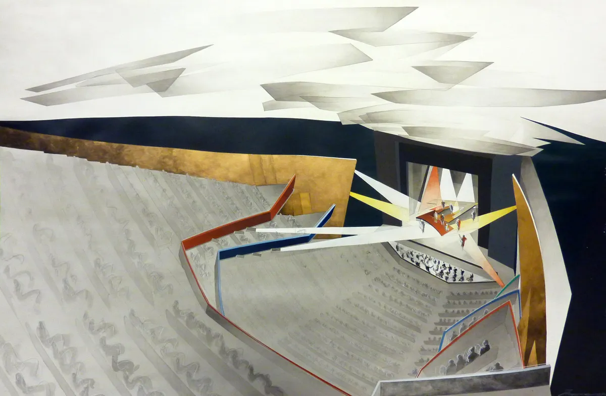 Zaha Hadid Architects, Cardiff Bay Opera House, Auditorium interior, Cardiff, United Kingdom, 1995, Acrylic on cartridge © Zaha Hadid Foundation