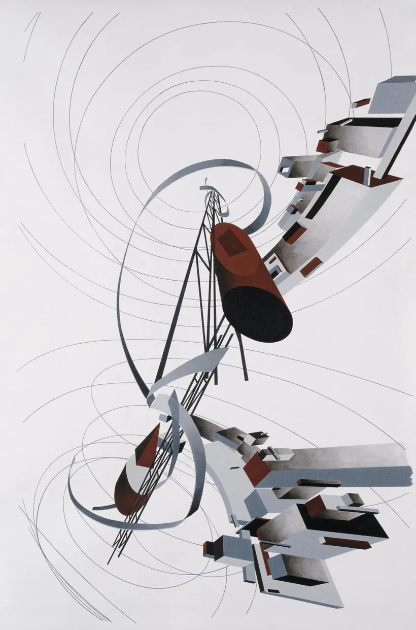 Zaha Hadid Architects, The Great Utopia, Tatlin tower and Tectonic, New York, United States, 1992, Acrylic on cartridge © Zaha Hadid Foundation