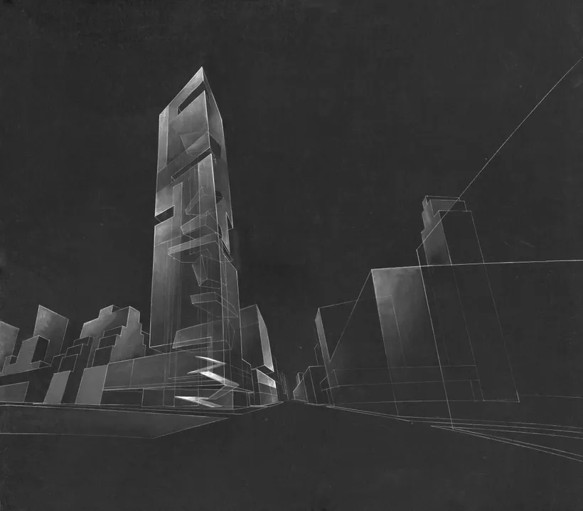 Zaha Hadid Architects, 42nd Street Hotel, Painting, 1995, Ink and watercolours on paper © Zaha Hadid Foundation