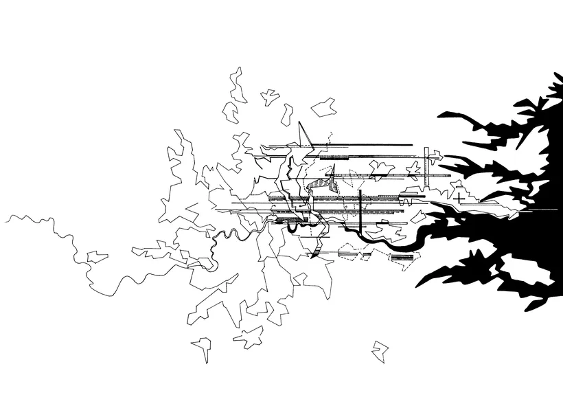 Zaha Hadid Architects, London 2066, Along the Thames estuary to Lea Valley, London, United Kingdom, 1991, Ink on paper © Zaha Hadid Foundation